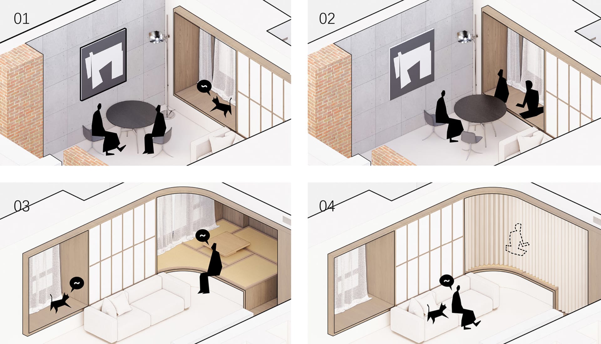 A living room with a sofa, coffee table, and cat, depicted in a rendered architectural style.