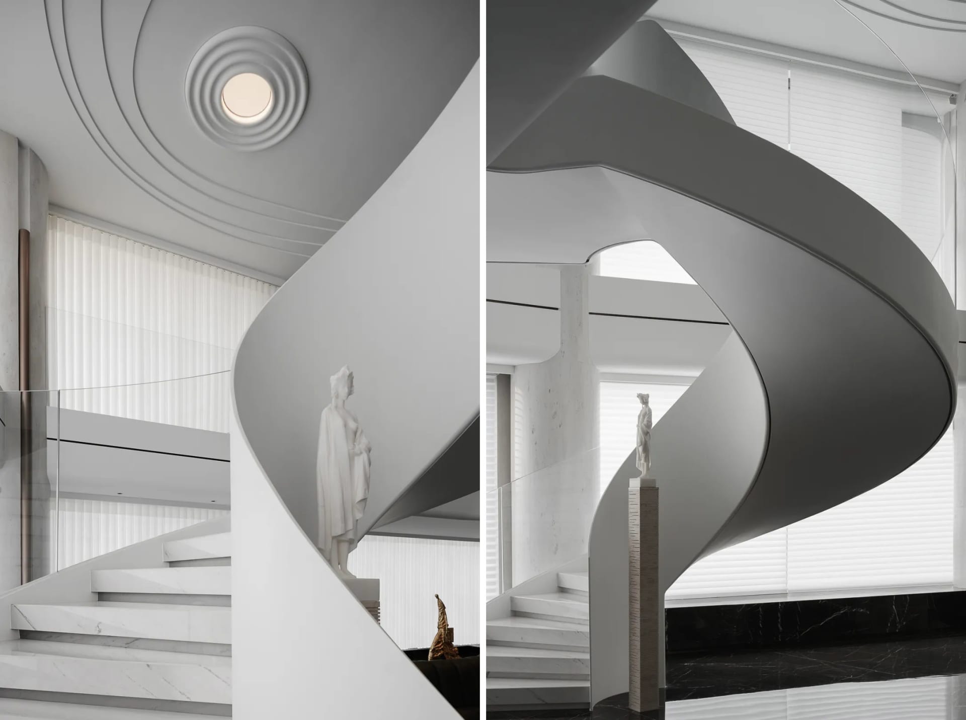 Modern interior staircase with white concrete spiral design, featuring a statue and vertical blinds.