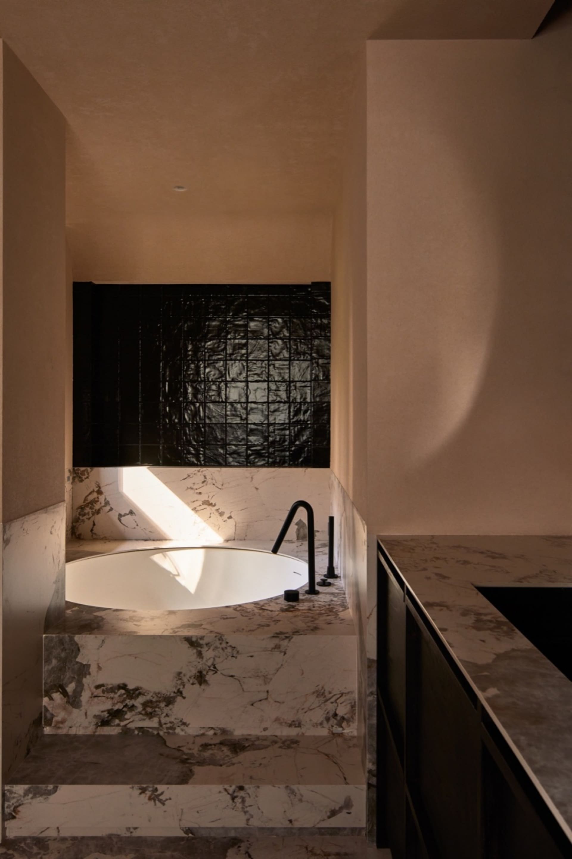 Modern minimalist bathroom interior with marble elements