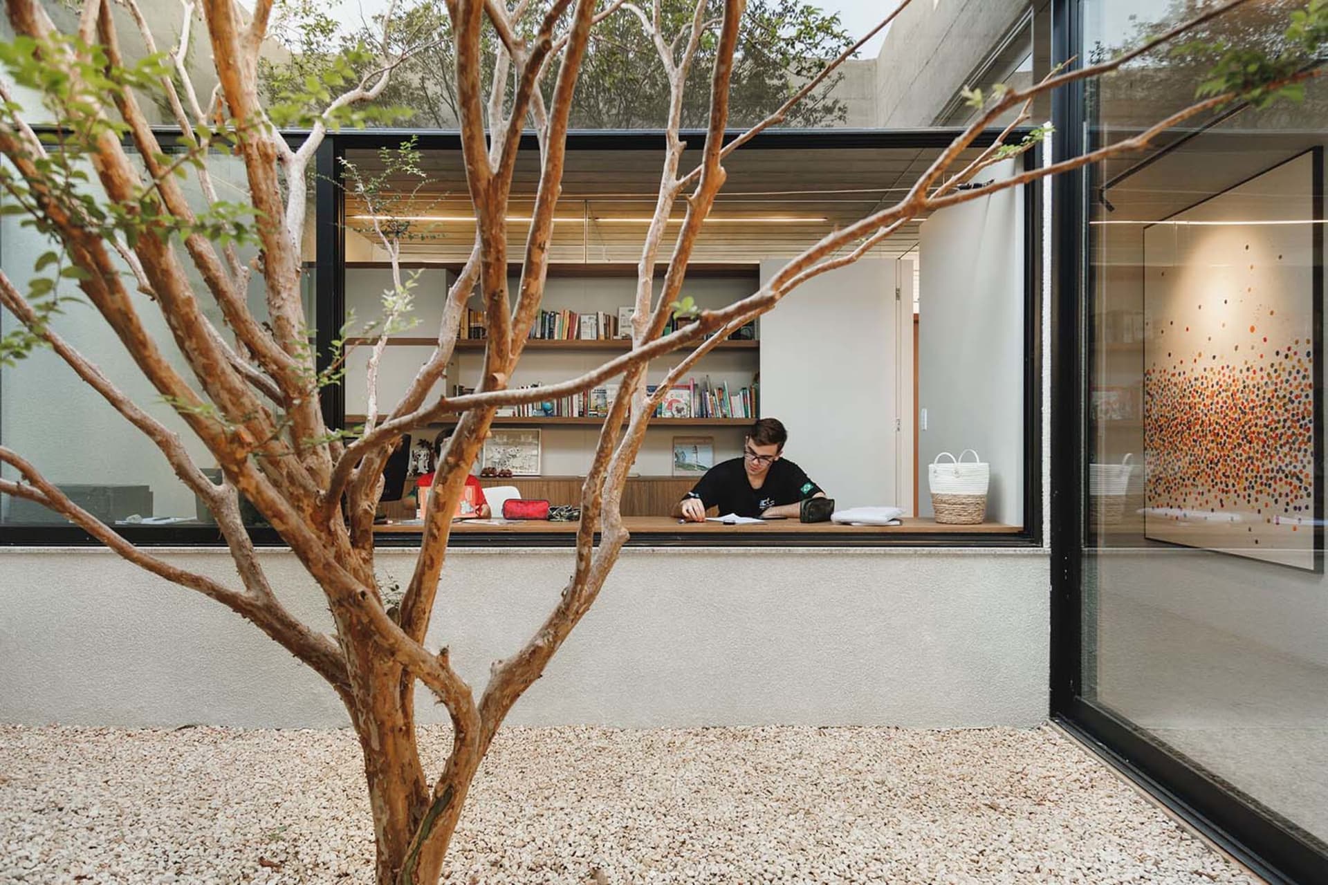 A modern workspace with concrete walls and a minimalist design.