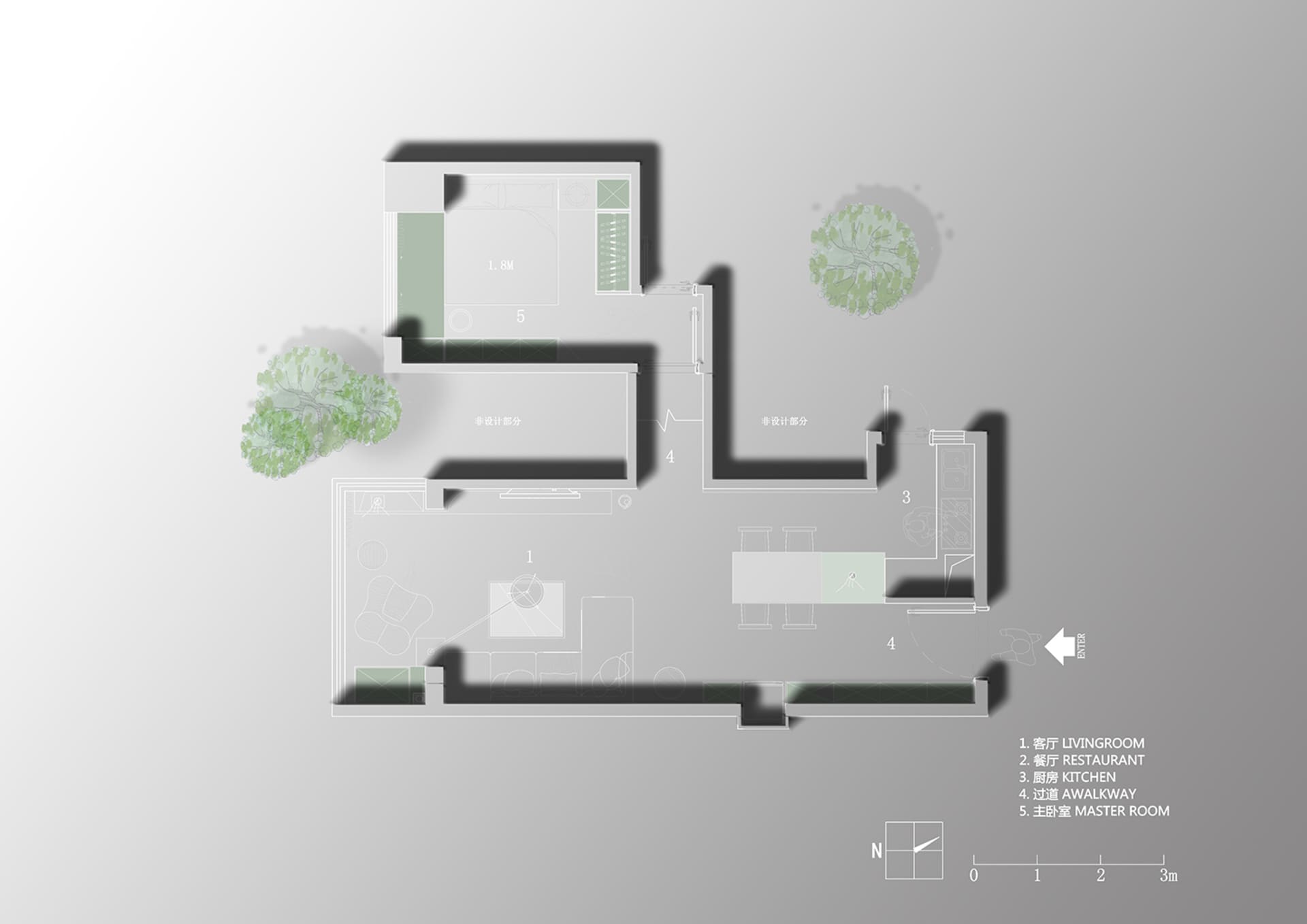 Modern residential floor plan with living room, kitchen, and bedroom.