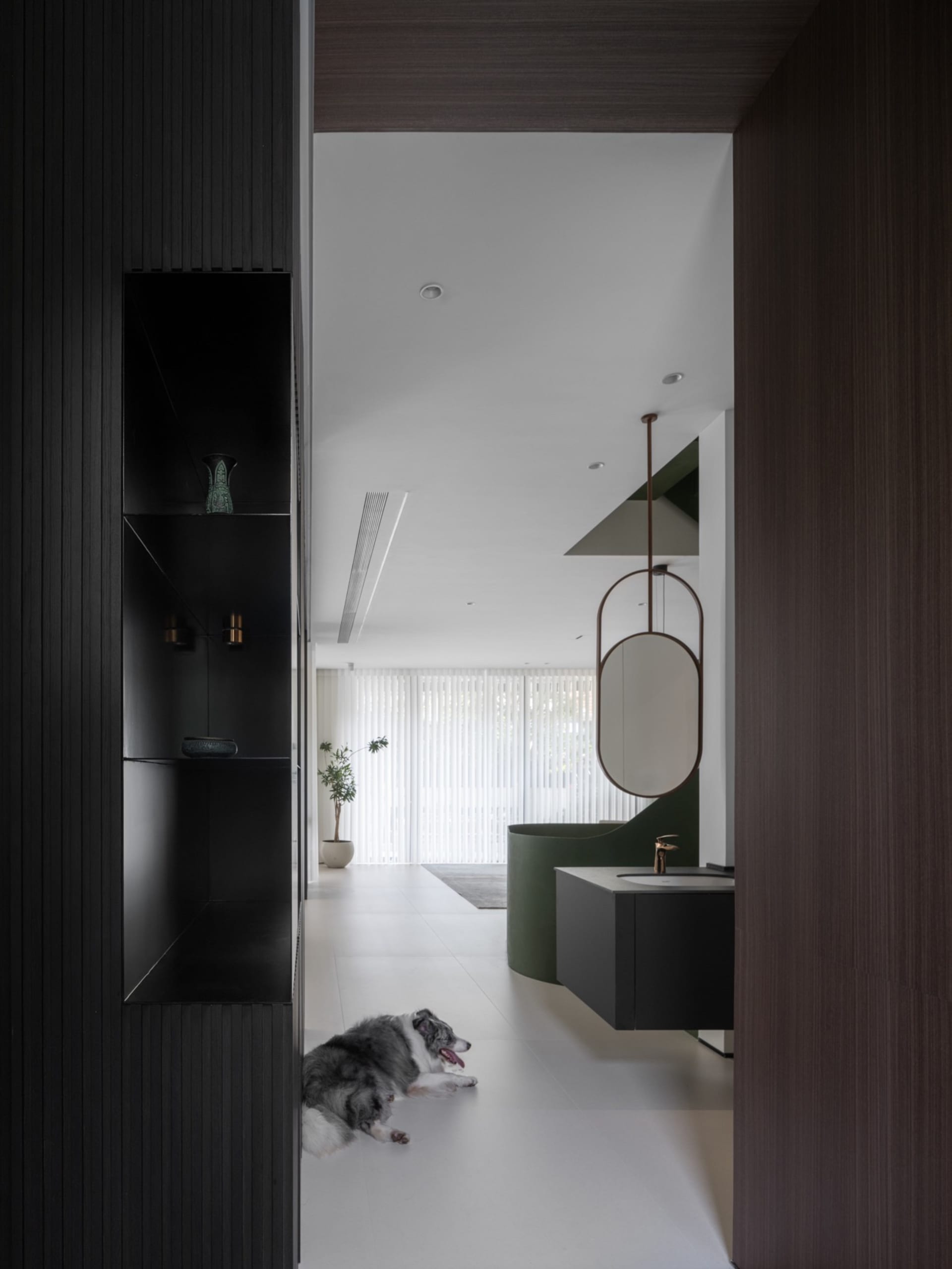 A minimalist modern bathroom featuring concrete features
