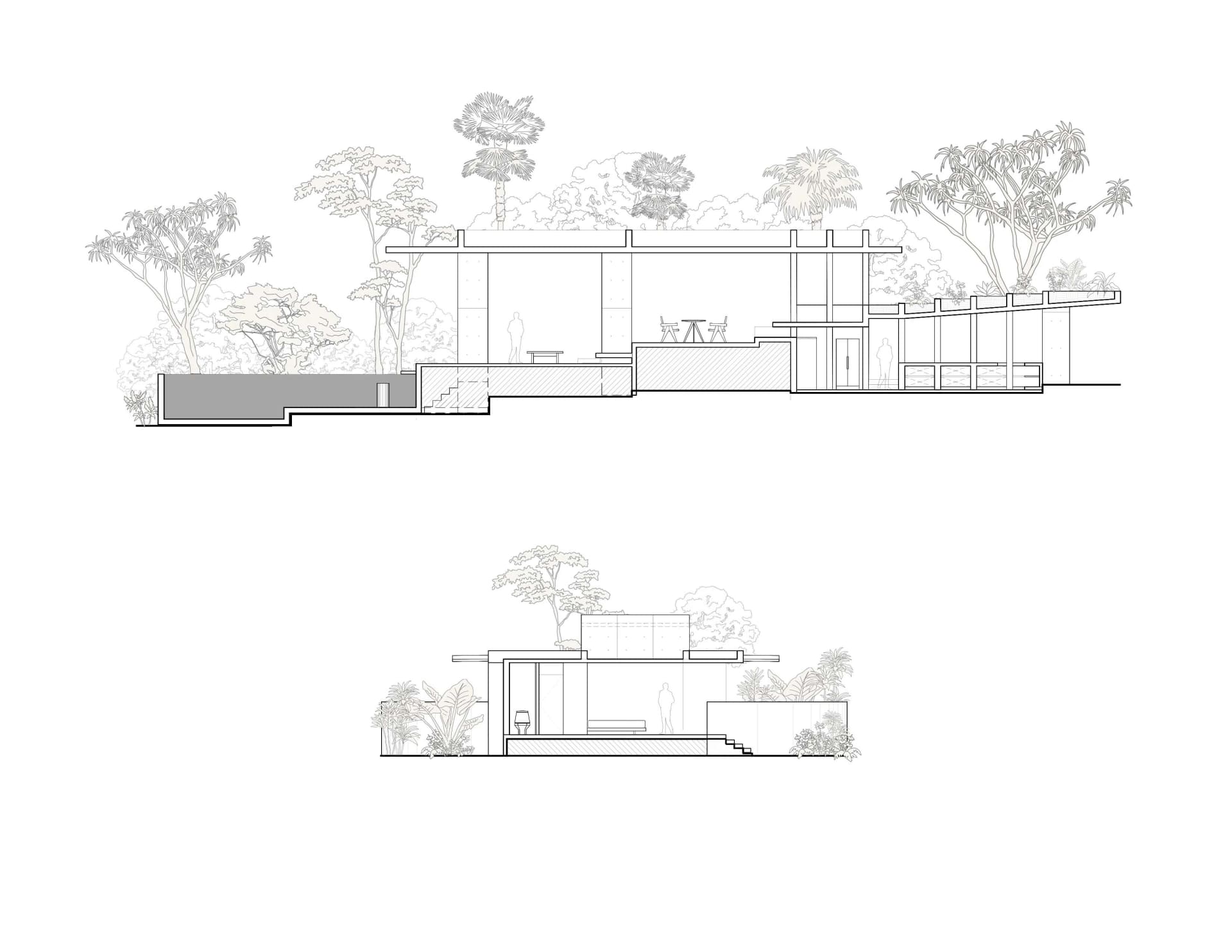 Modern home interior with glass walls and open space