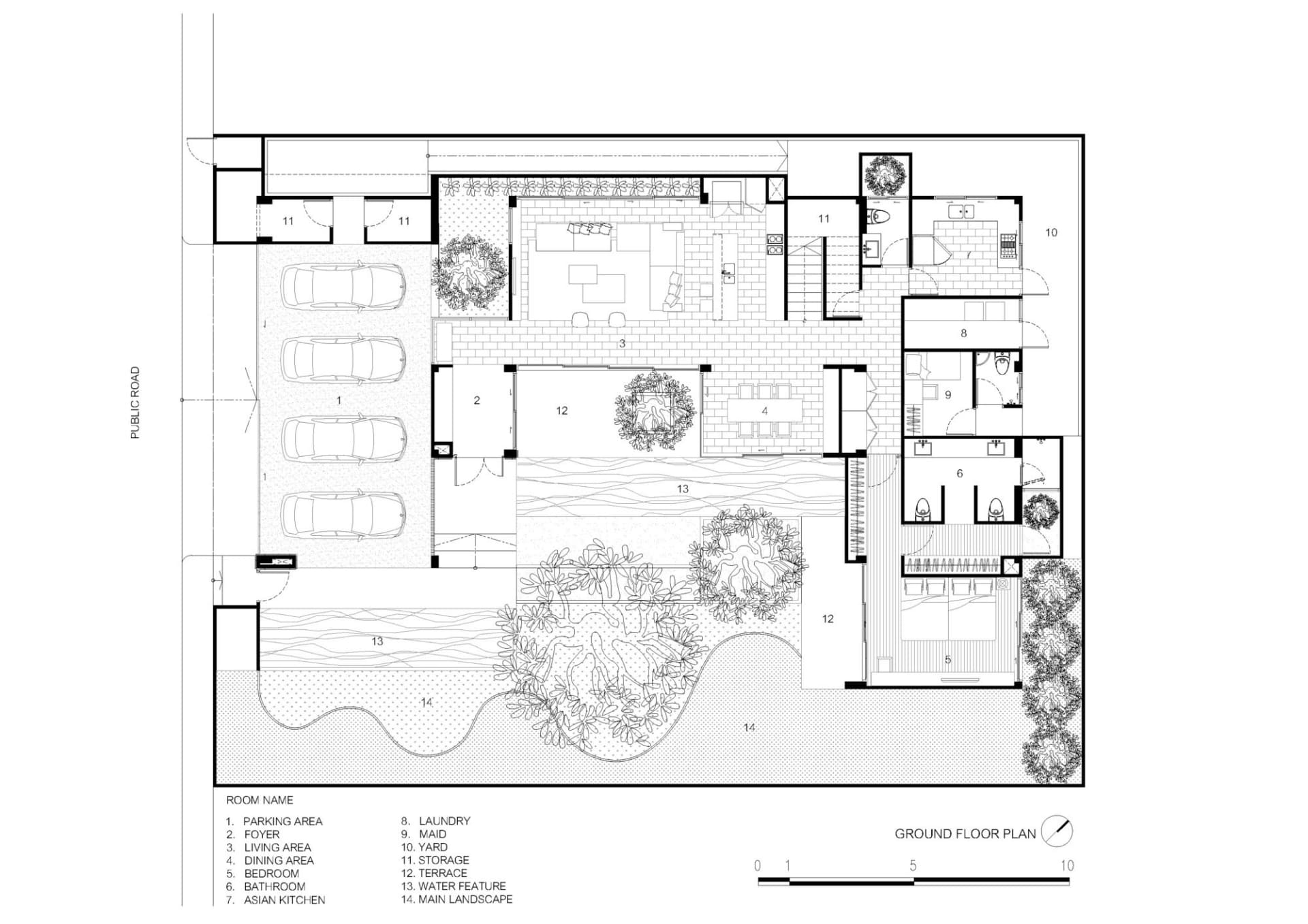 A 2D architectural drawing of a modern house's ground floor layout, featuring a garage, foyer, living room, dining room, bedr