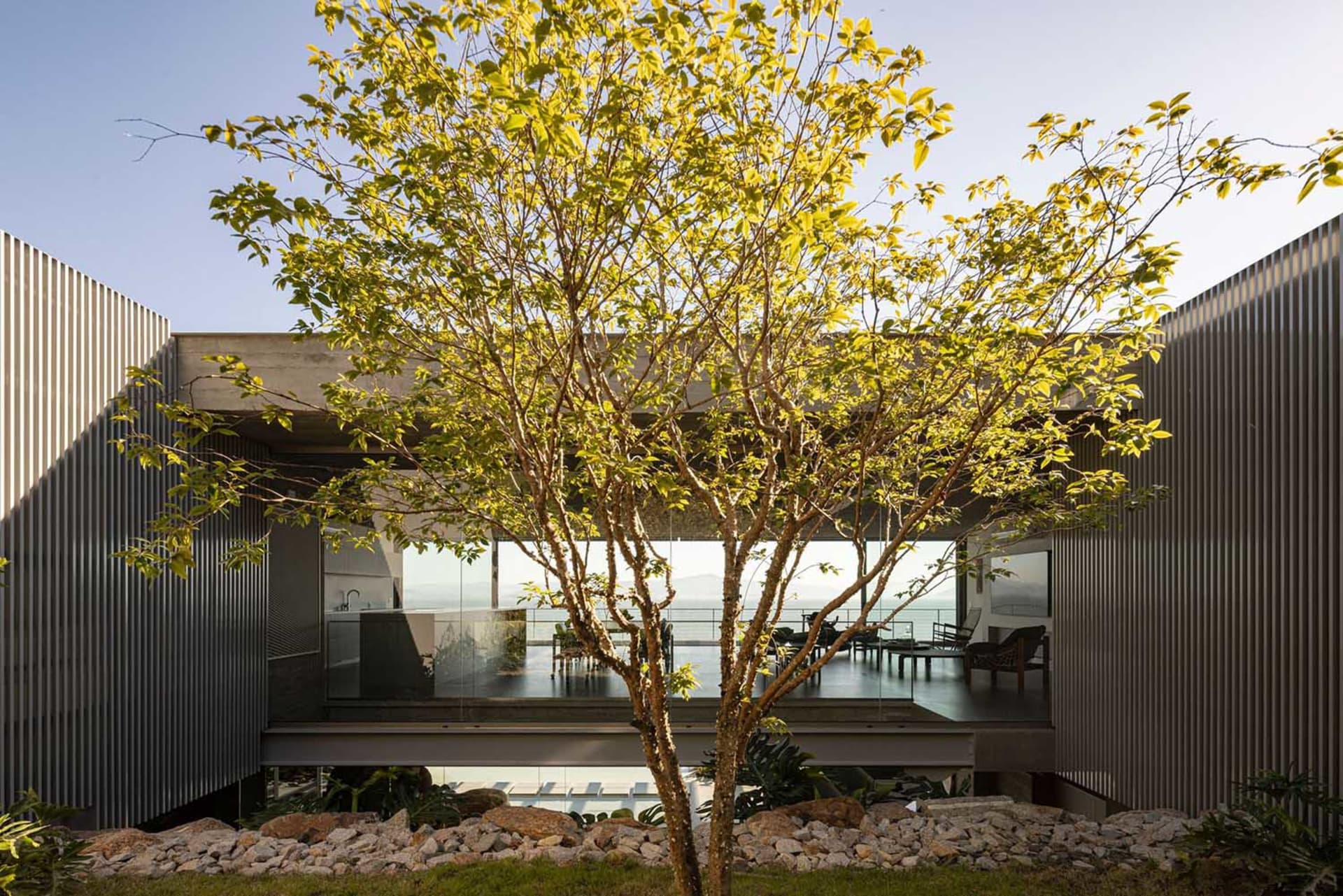 A modern residential interior with metal cladding features