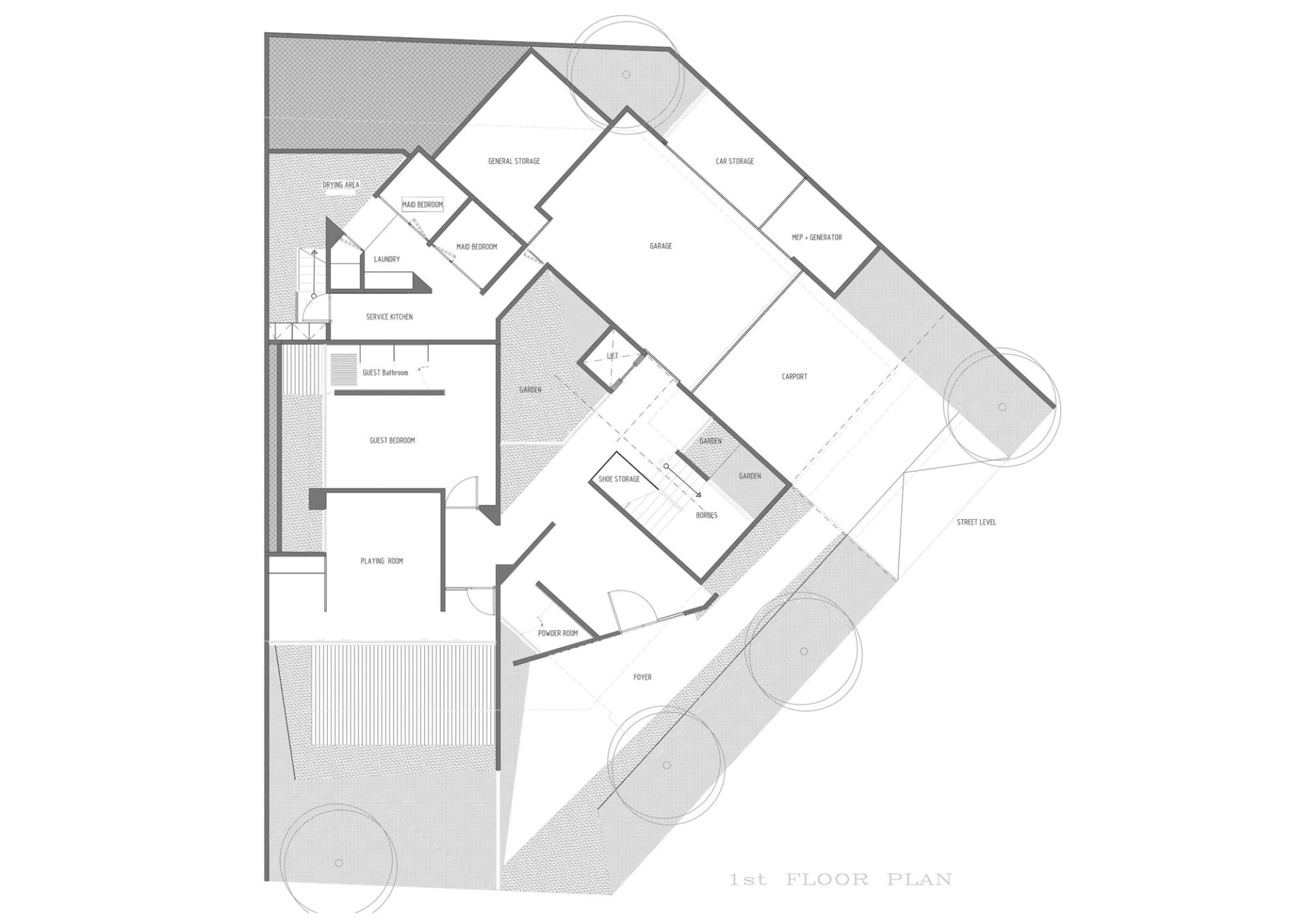 A detailed 2D architectural drawing of a residential building's floor plan created with concrete materials, showcasing reside