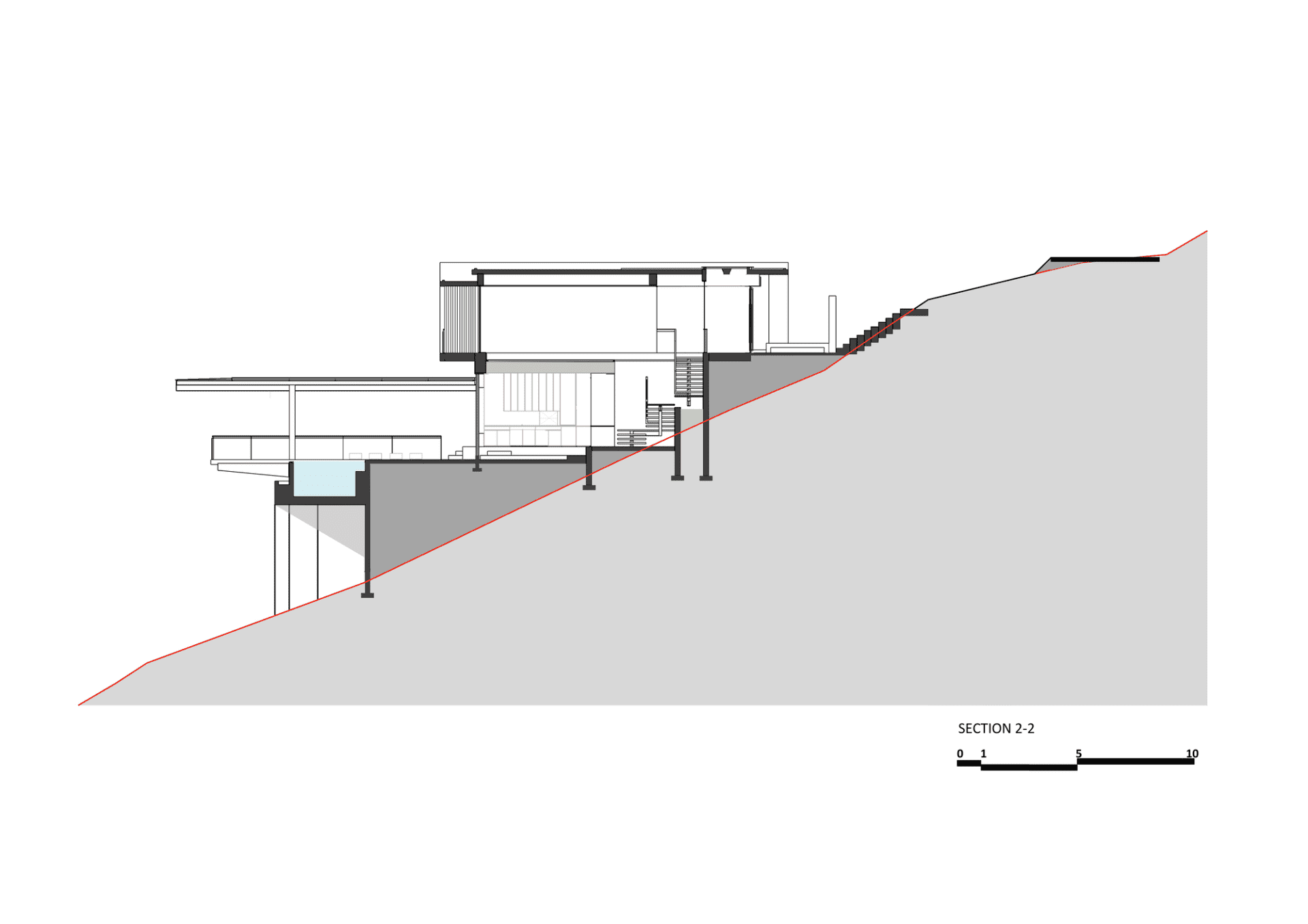 A modern residential house section plan showing the architectural design on a hillside.