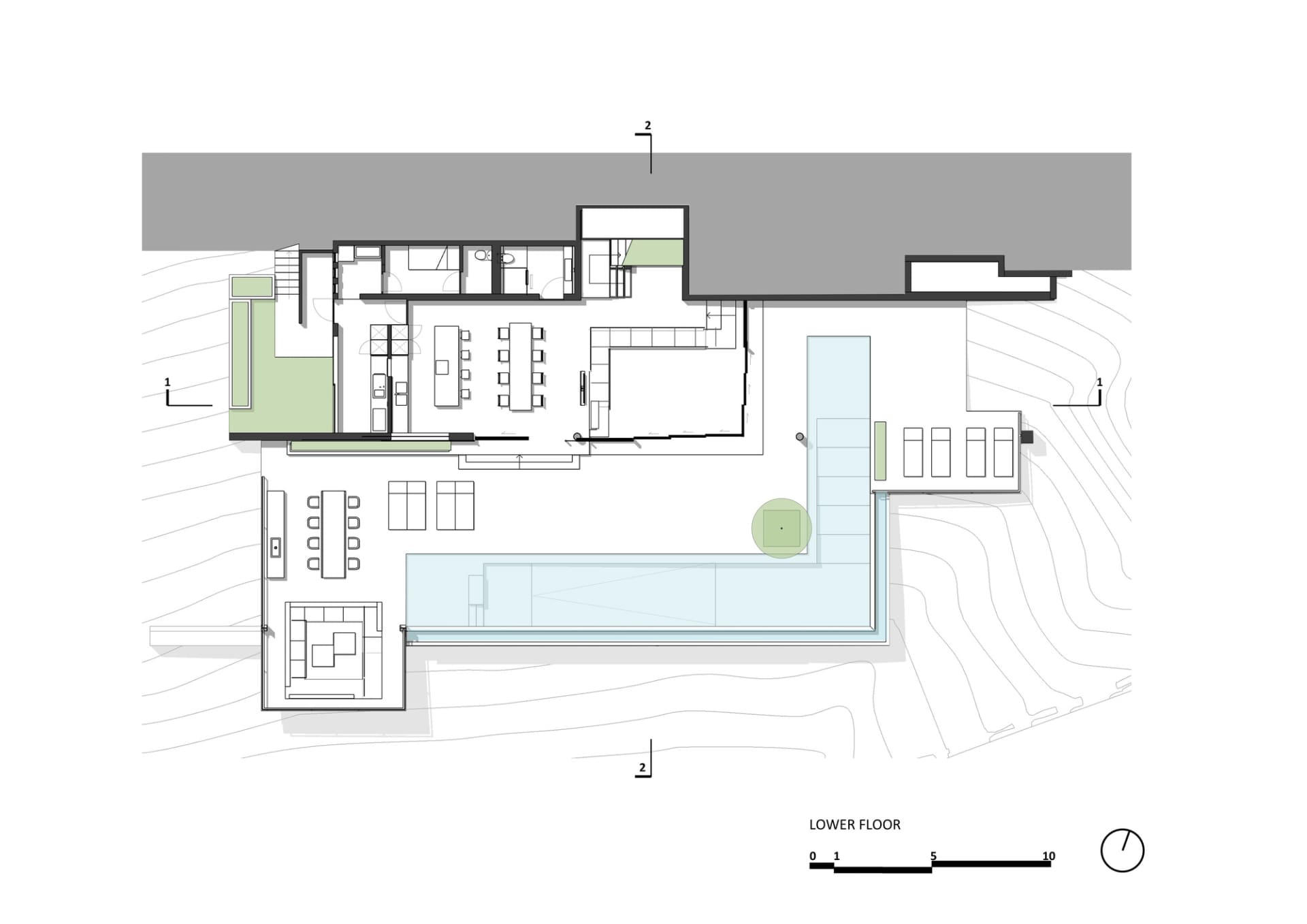 現代住宅平面圖的2D建築繪圖,呈現金屬、玻璃與混凝土材質。