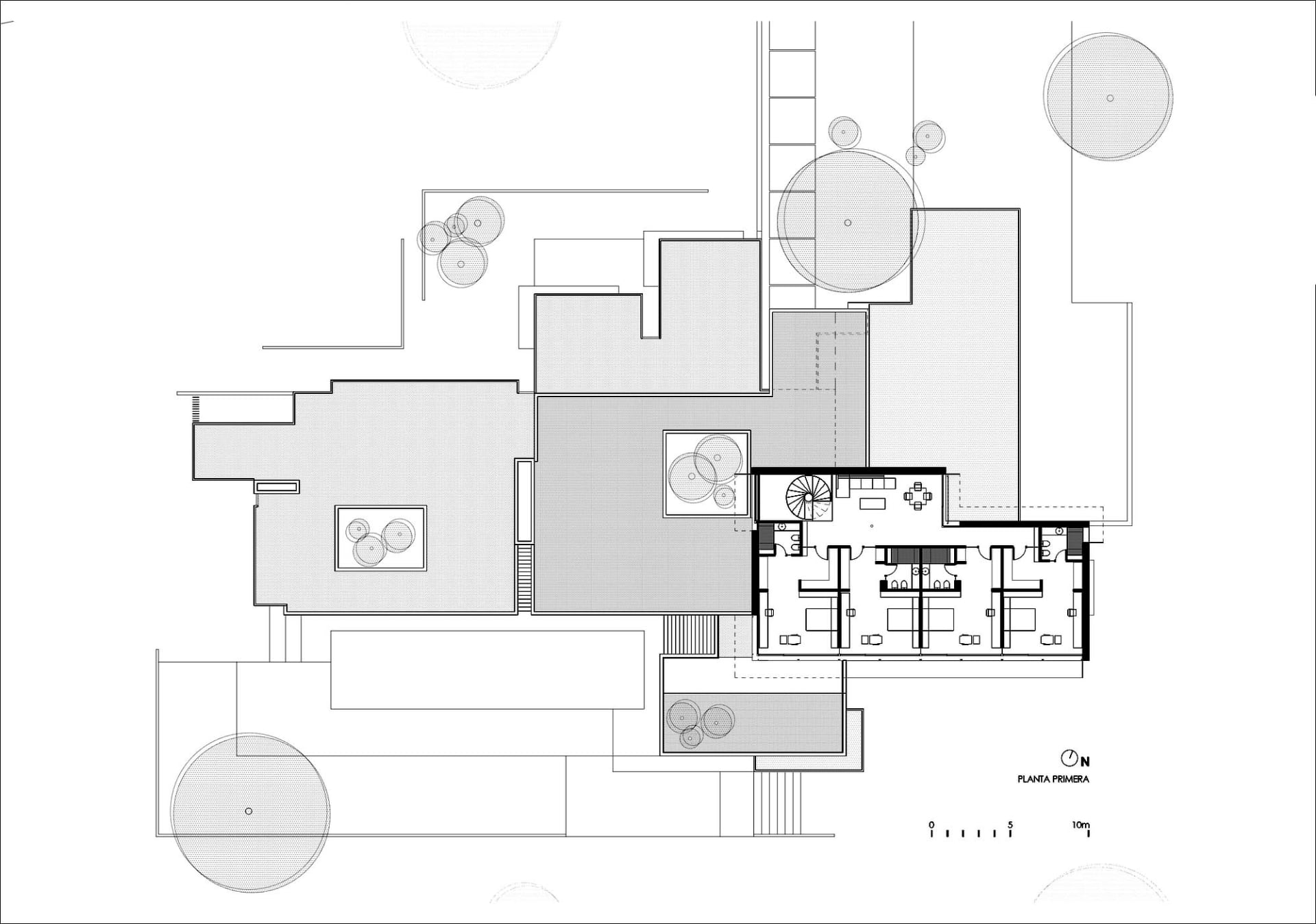 現代住宅建築的平面圖，採用混凝土材質。