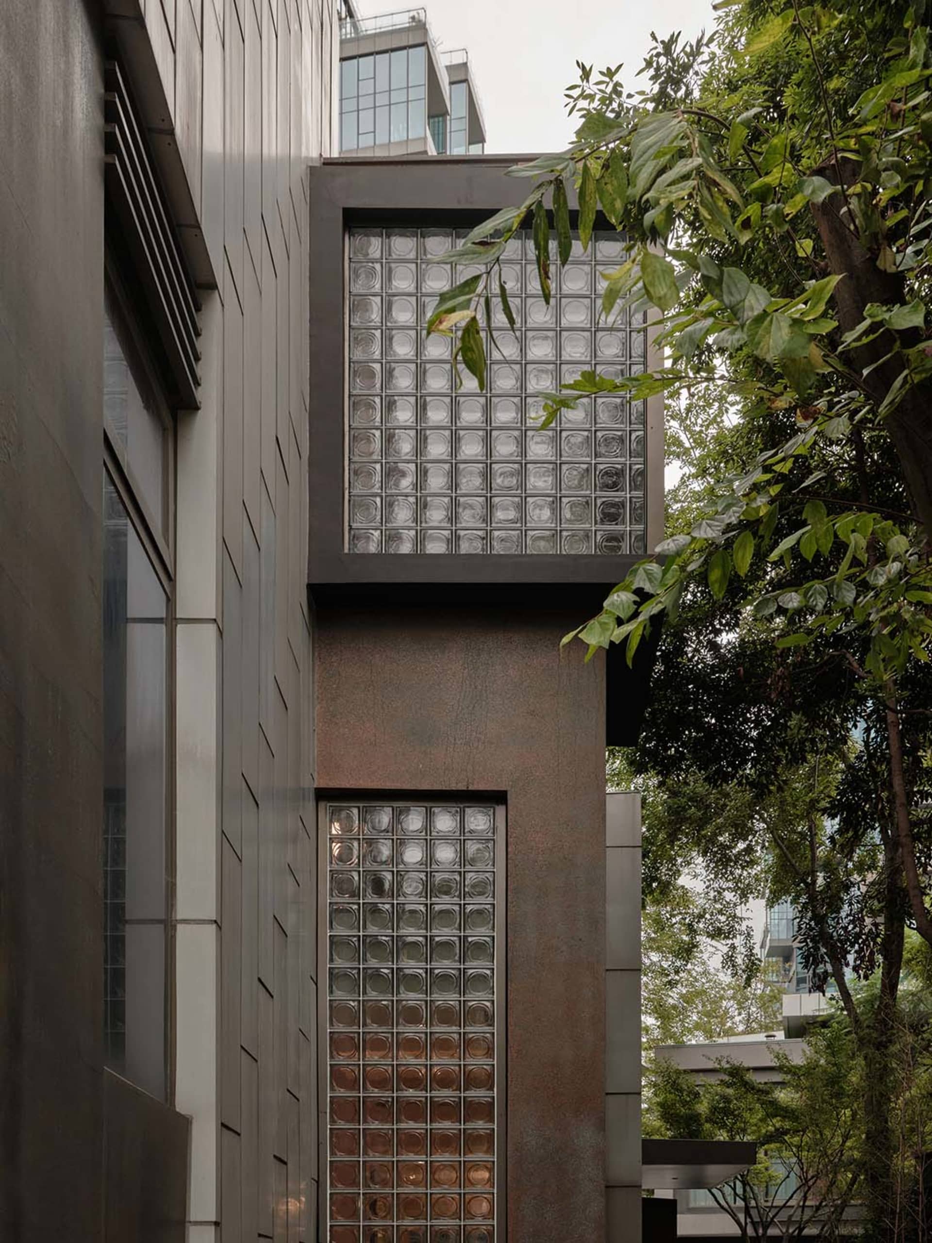 Modern glass block wall in a contemporary architectural design.