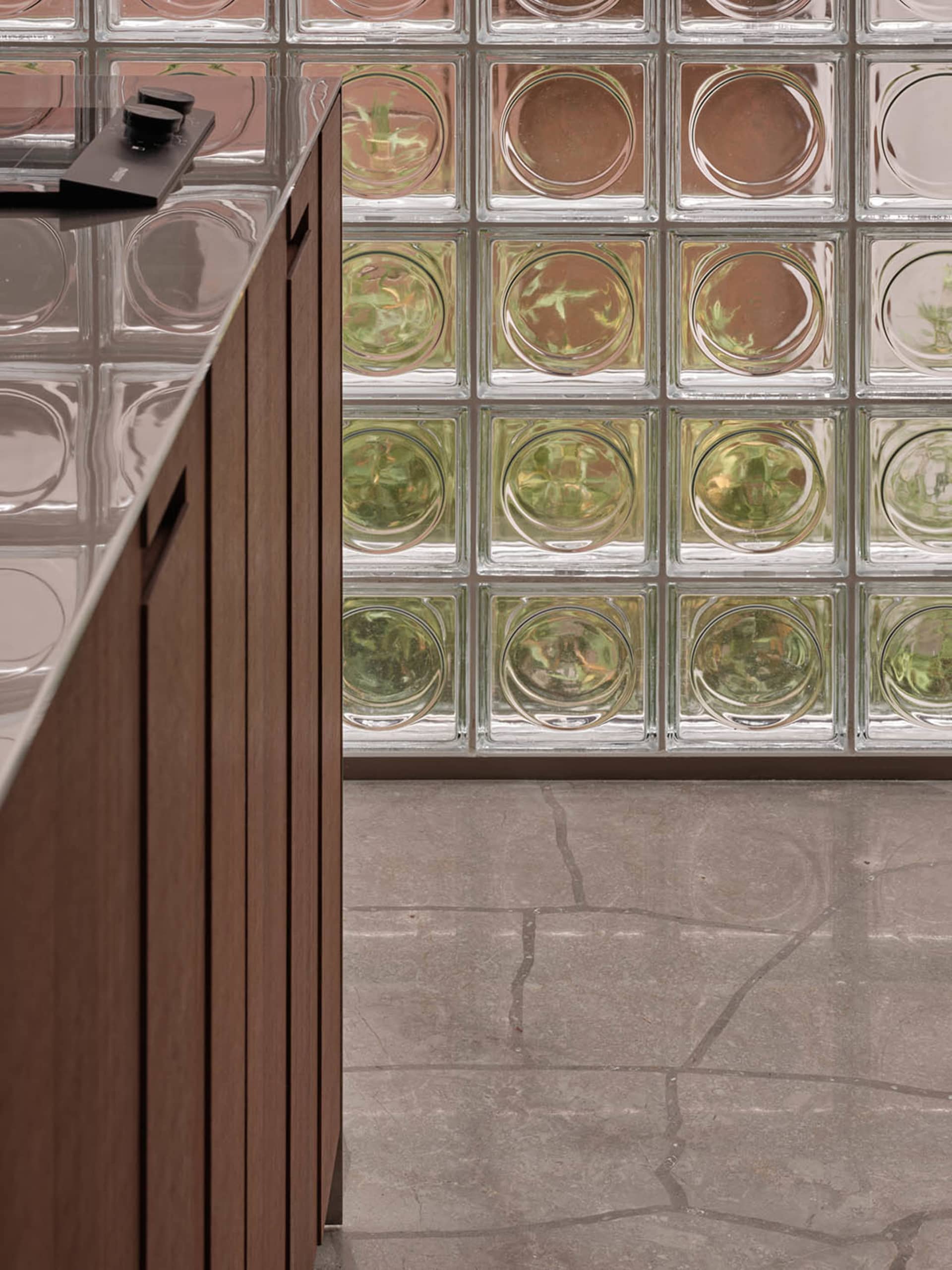Modern kitchen with glass tile backsplash