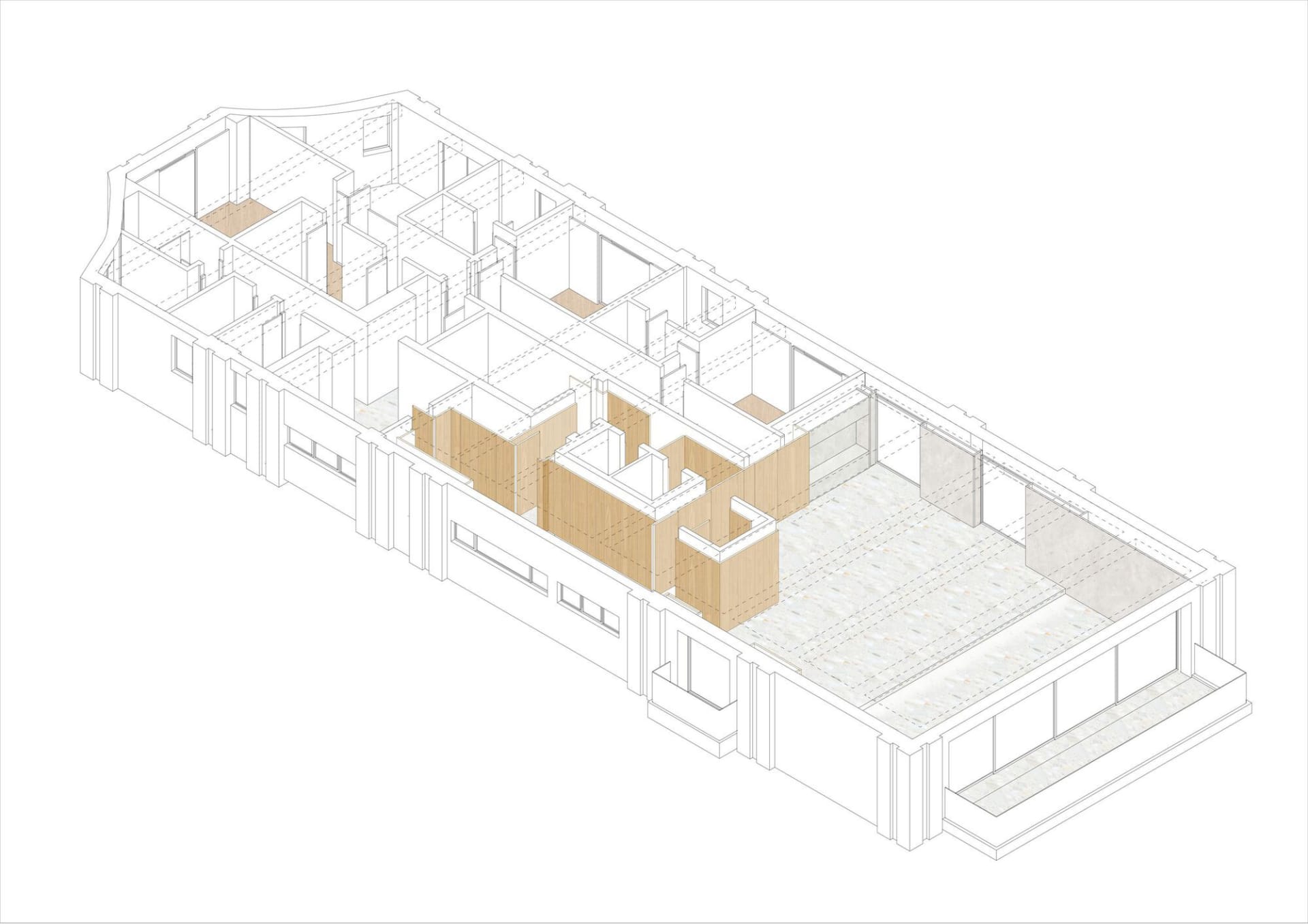 住宅以混凝土、玻璃與木質材料呈現的建築平面圖。