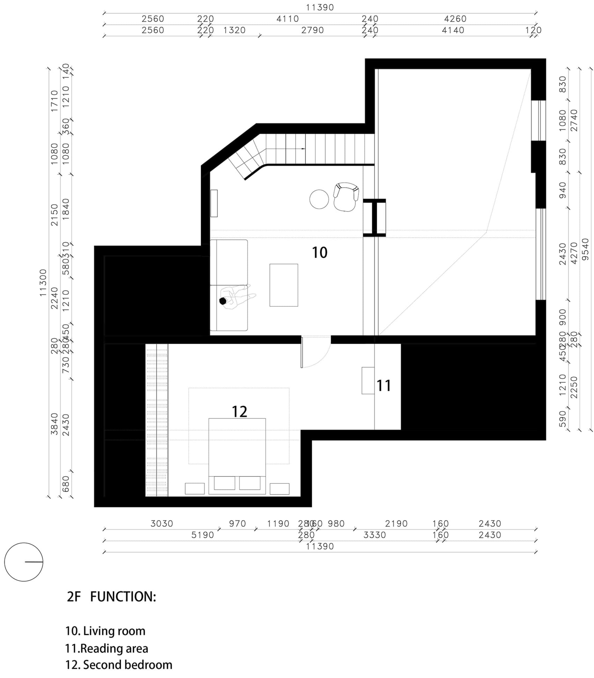 Floor plan of a modern apartment featuring a living room with mixed materials and a reading area.