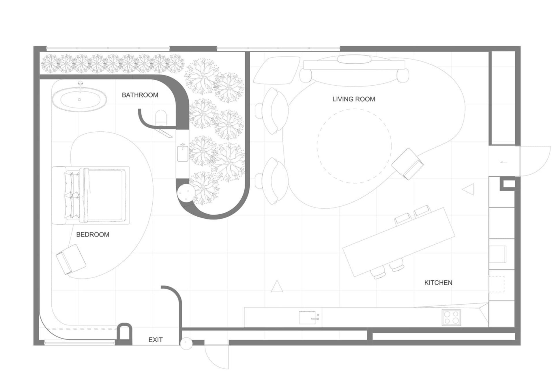 Modern floor plan of a bedroom with sleek furniture and minimalistic design.