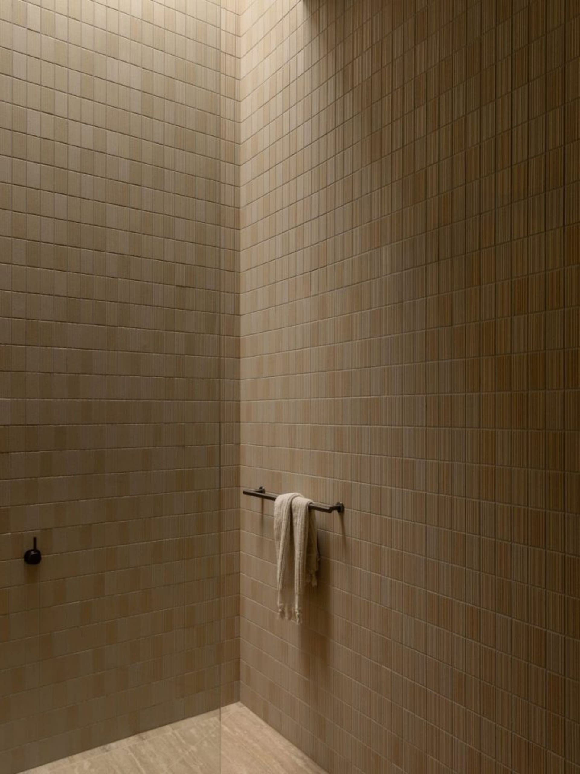 Modern bathroom interior with terrazzo tile walls, towel bar, and minimalist design.