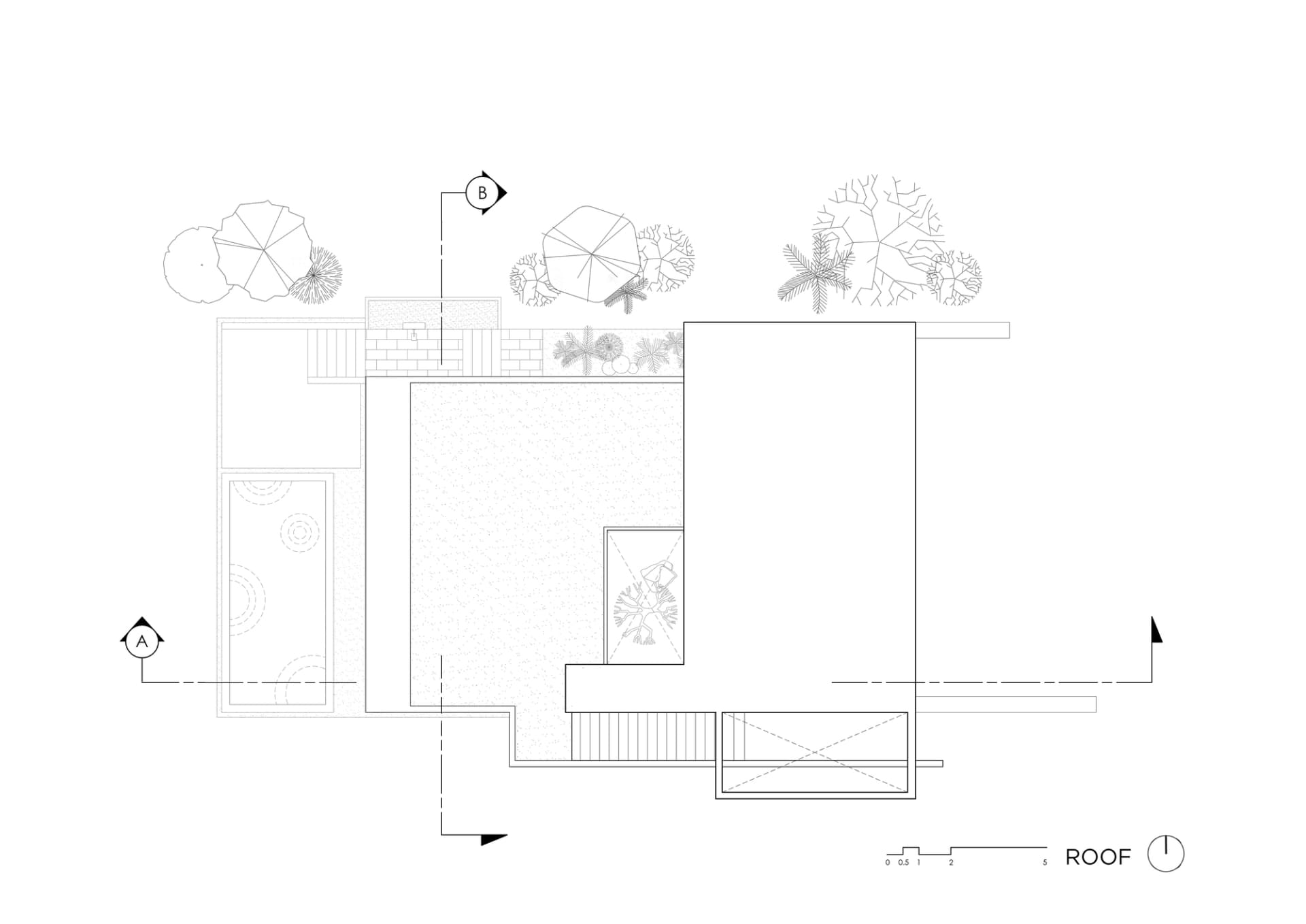 A detailed roof plan layout in a minimalist black and white line drawing.