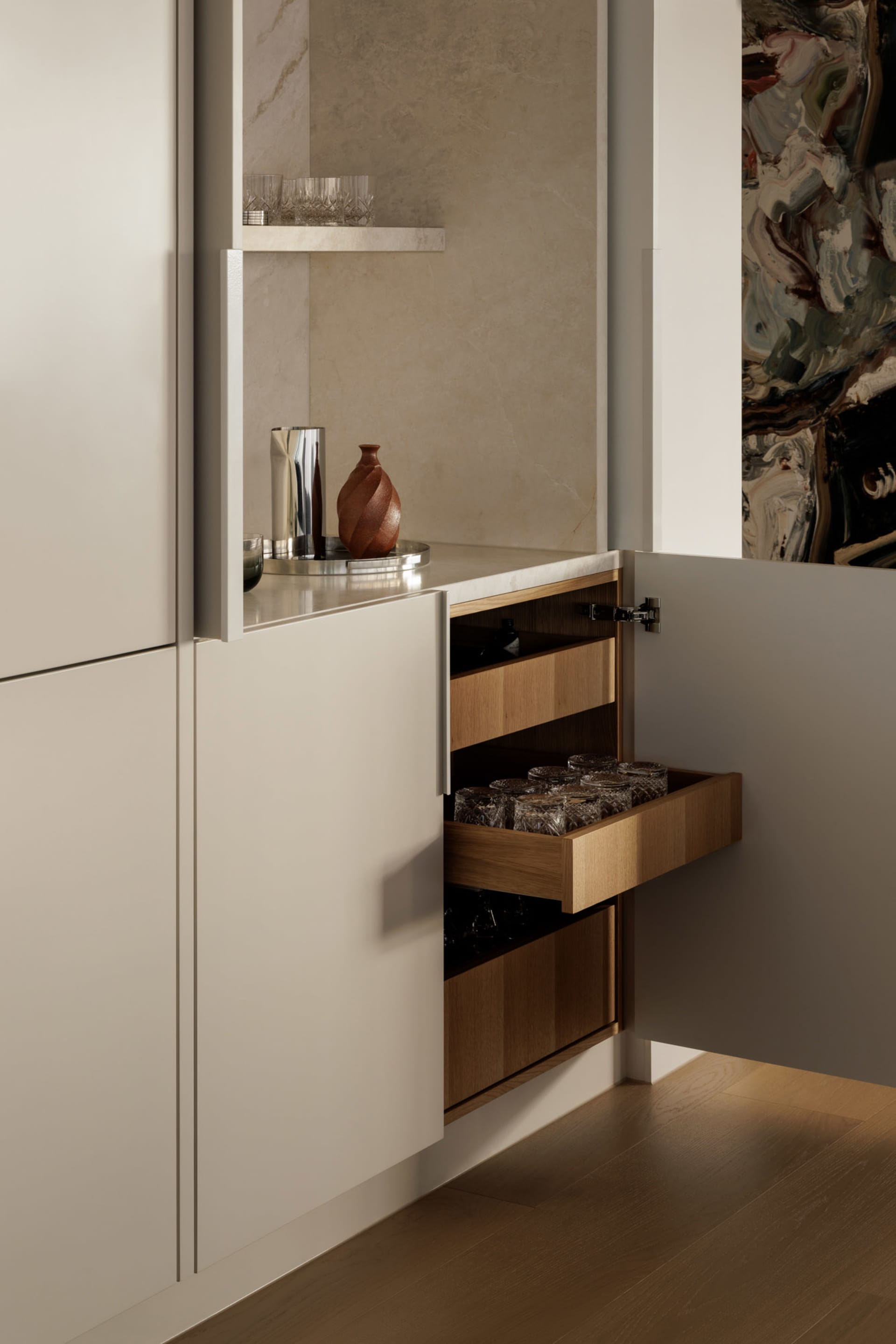 Modern kitchen interior featuring wood cabinetry and glassware.