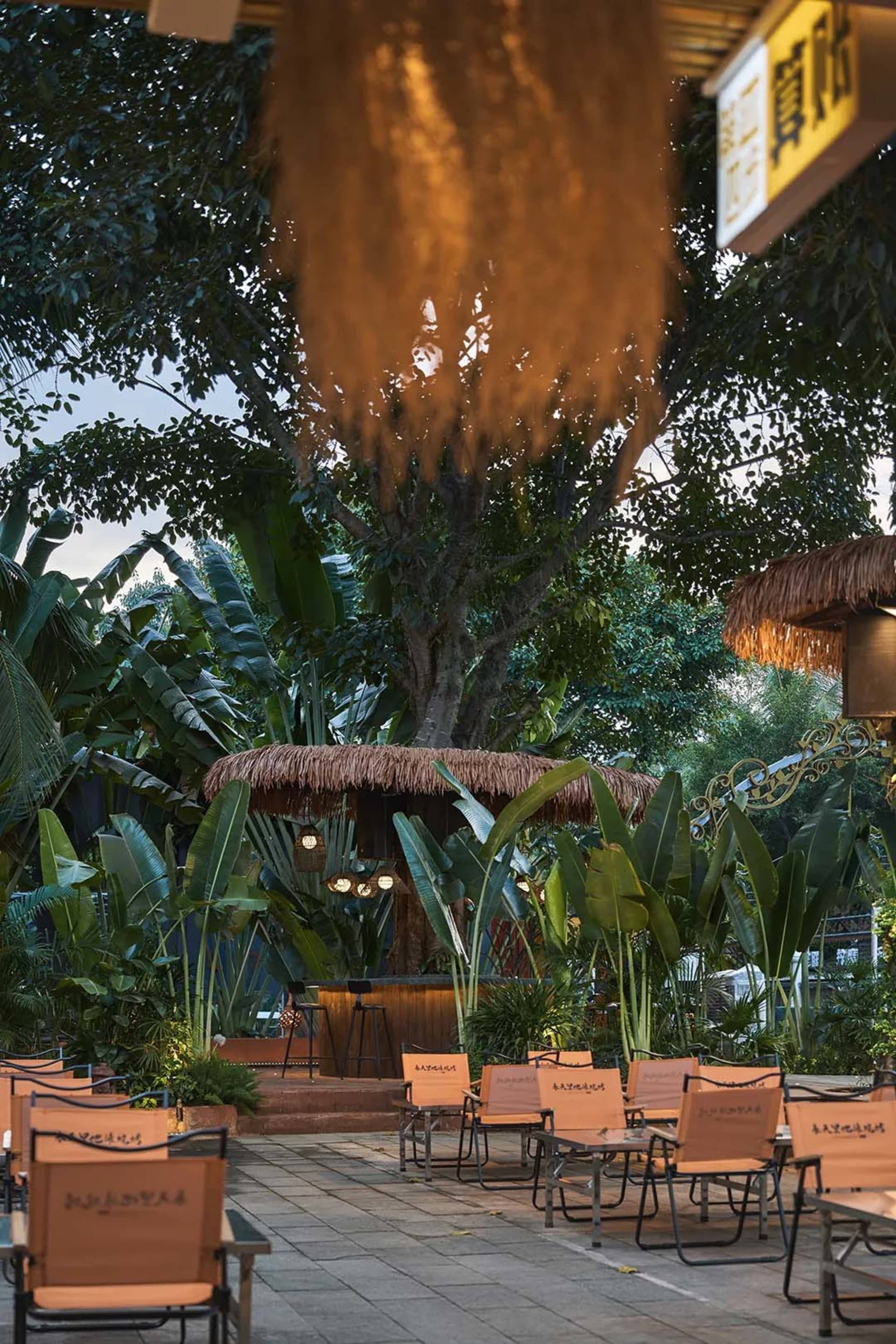 Outdoor cafeteria area with natural fiber hut, palm trees, and seating arrangements.