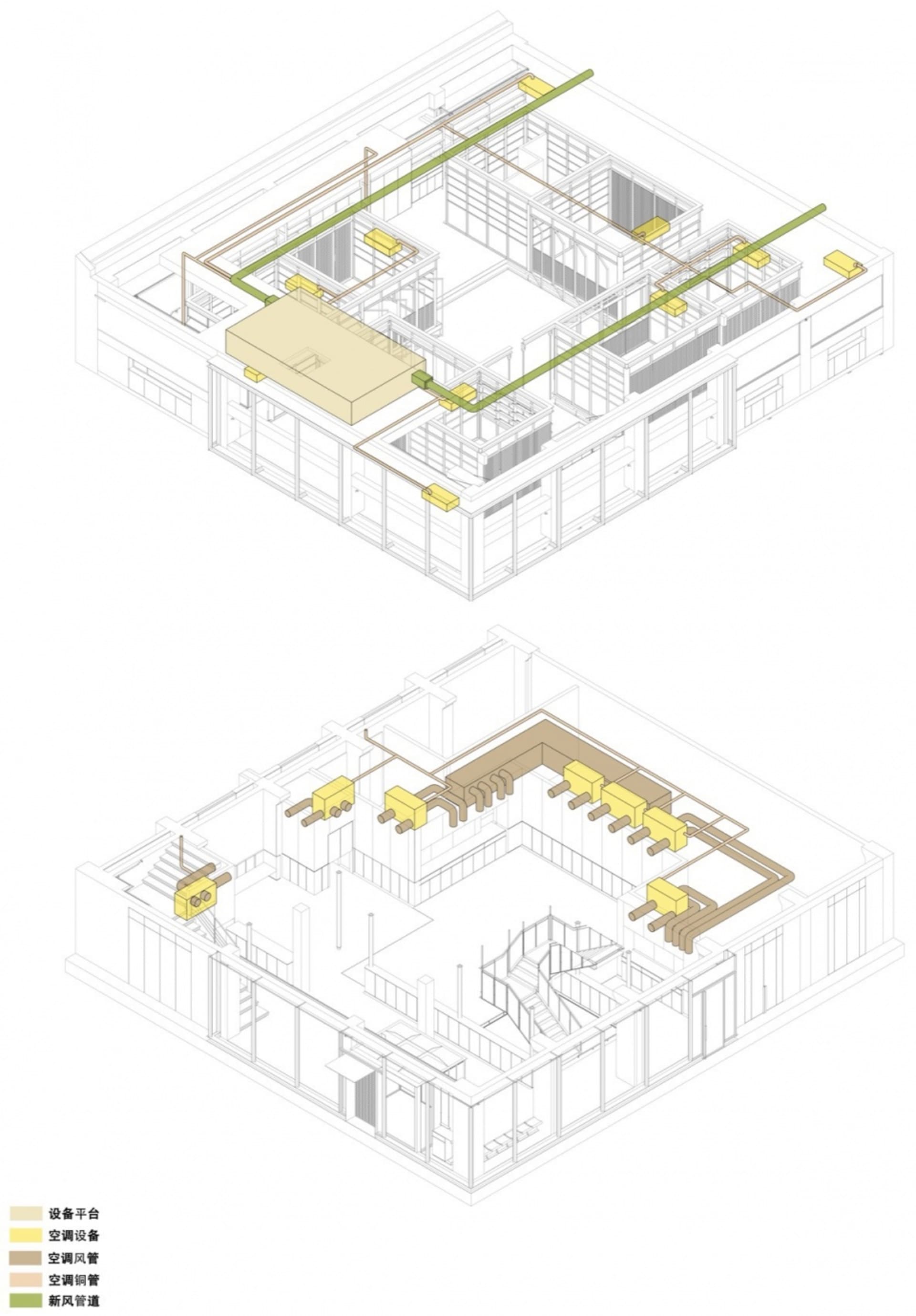 A technical drawing showing a metal air conditioning distribution plan in a building.
