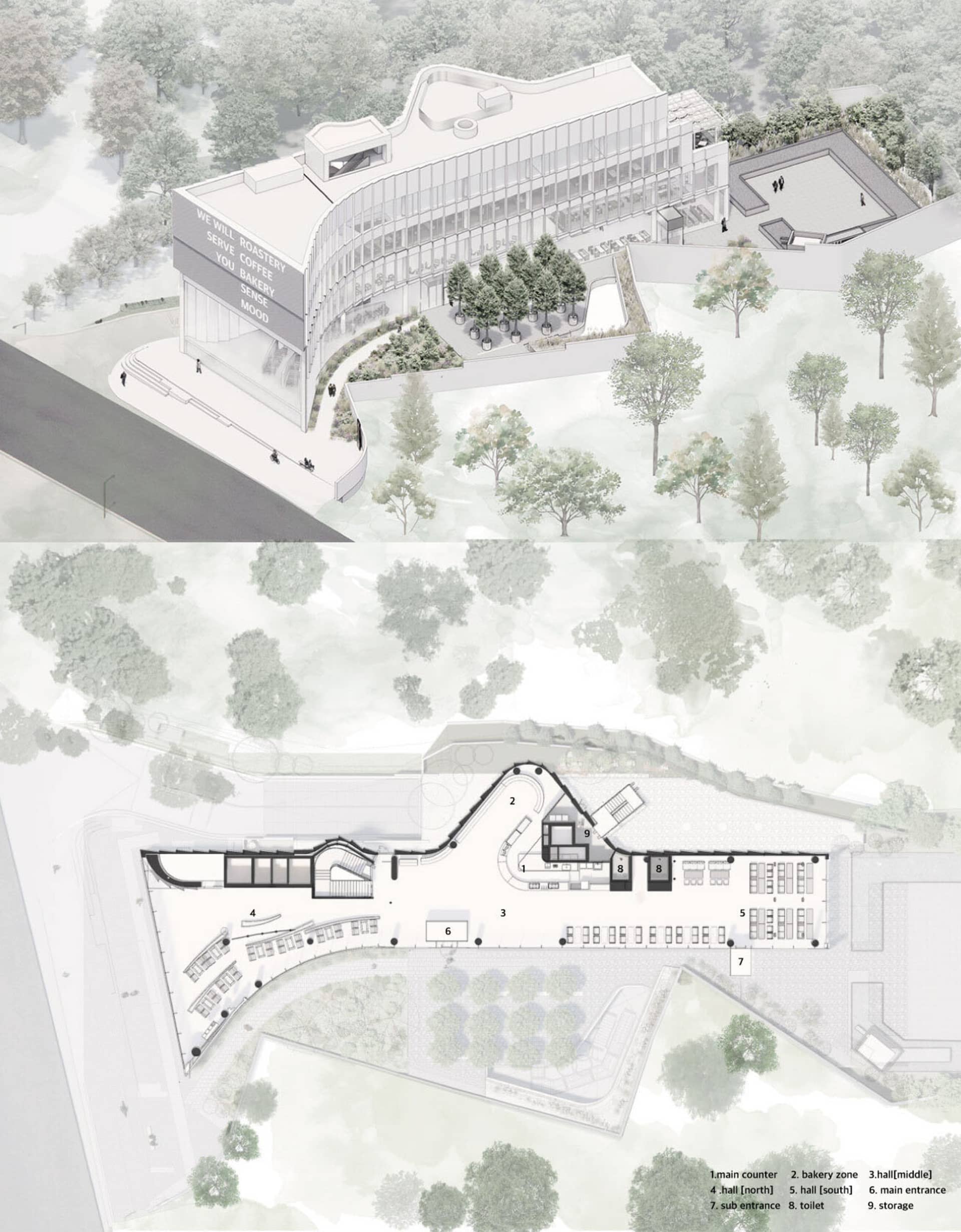Rendering of a commercial space with architectural details and functional zones.