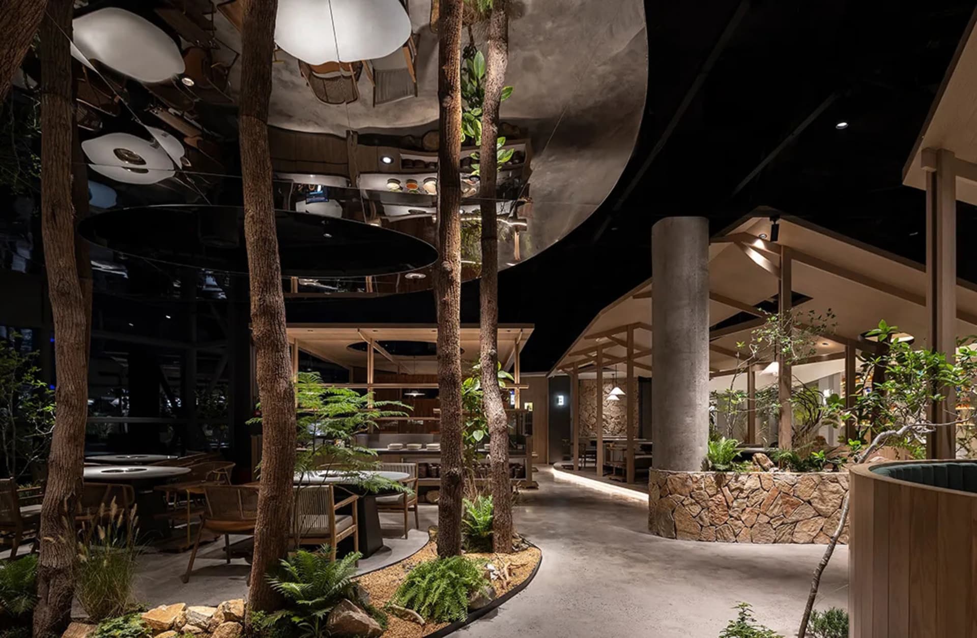 Industrial design restaurant interior with concrete, glass, and wooden elements