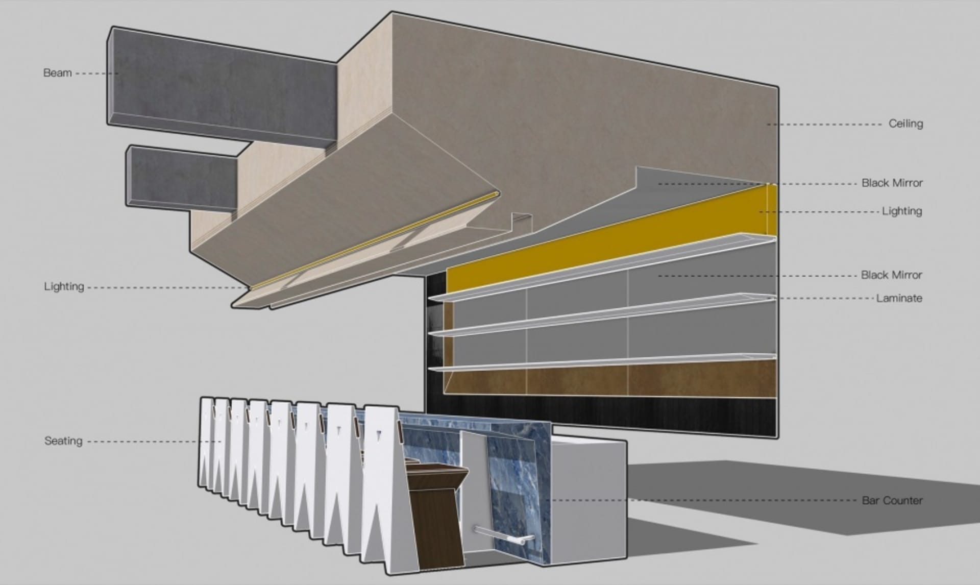 Modern commercial interior design featuring black mirrors, lighting, seating, and a bar counter.