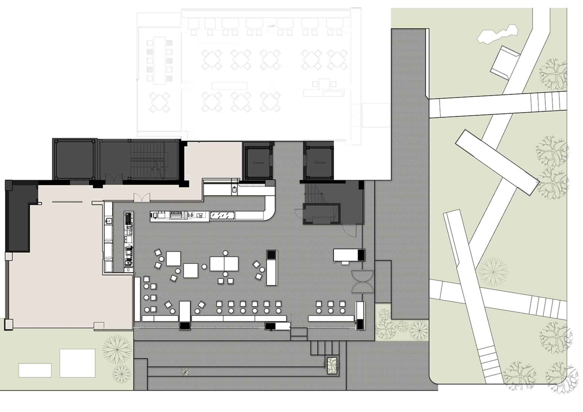 Modern office space with a concrete floor and open layout.