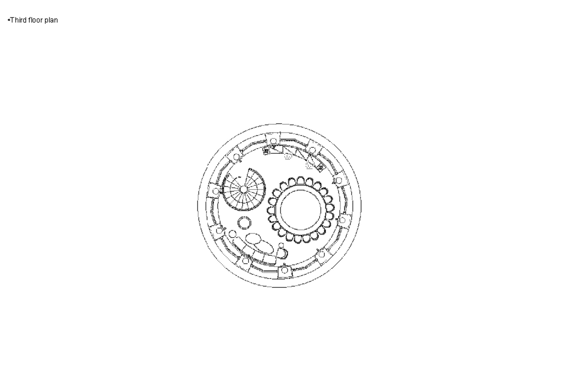 Circular architectural floor plan depicting a space with various rooms and features.