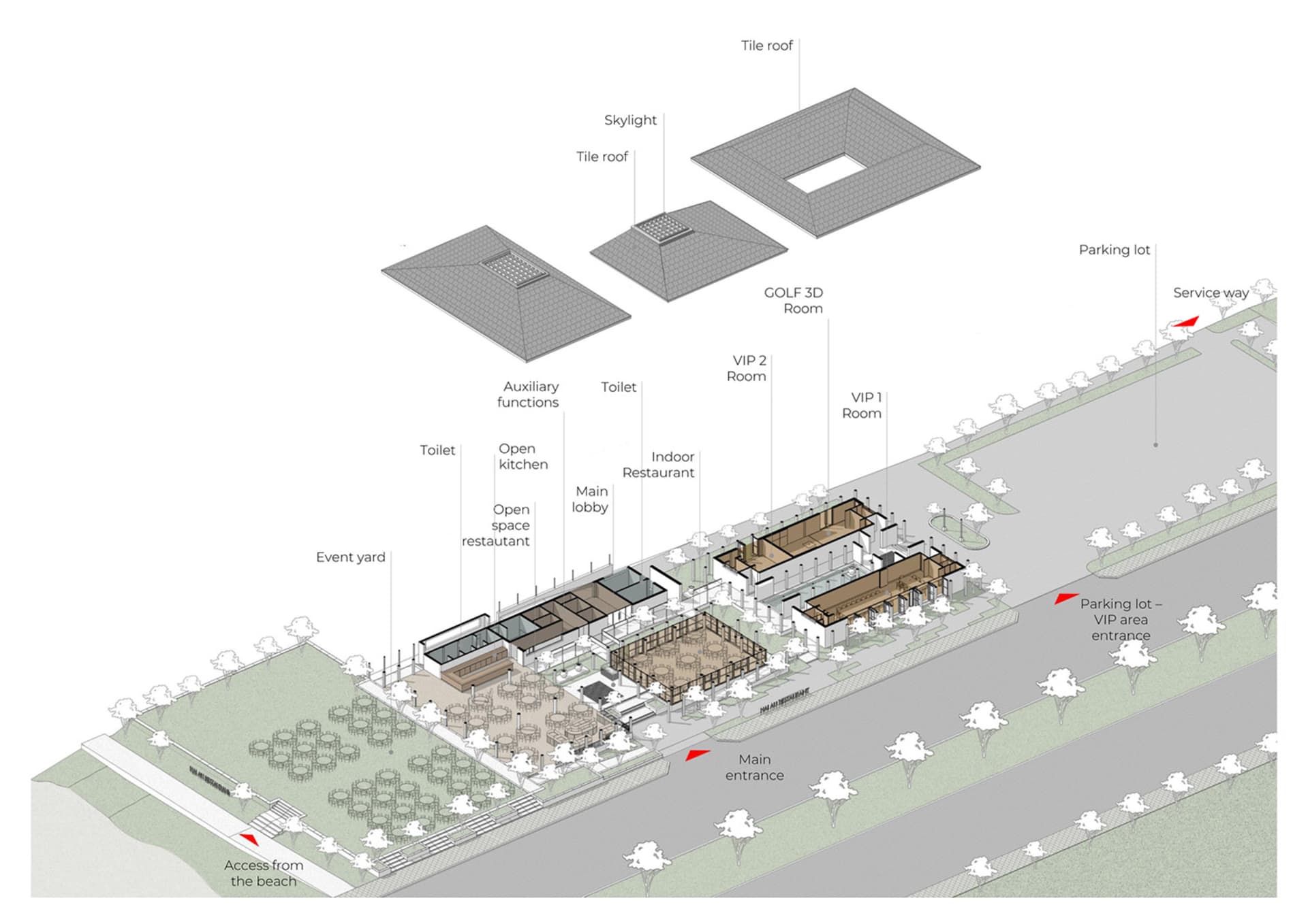 Floor plan of a modern restaurant with multiple dining areas, kitchens, and restrooms.