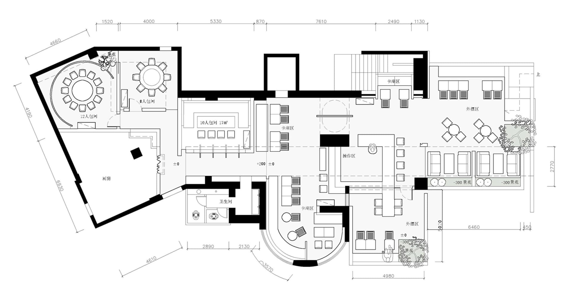 Detailed blueprint of a modern restaurant layout