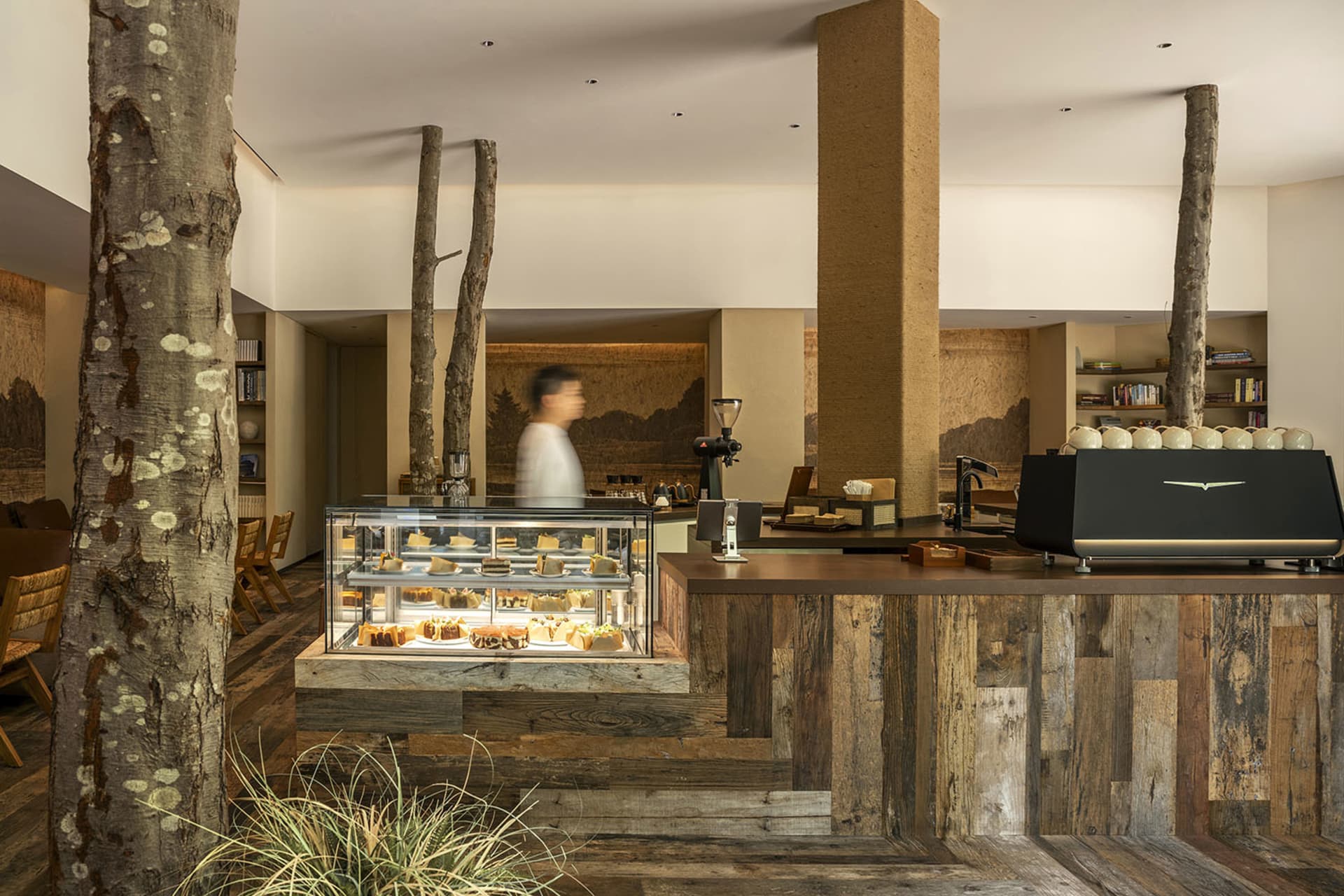 Modern industrial cafe interior with a wooden counter, trees, and a glass display case filled with baked goods.