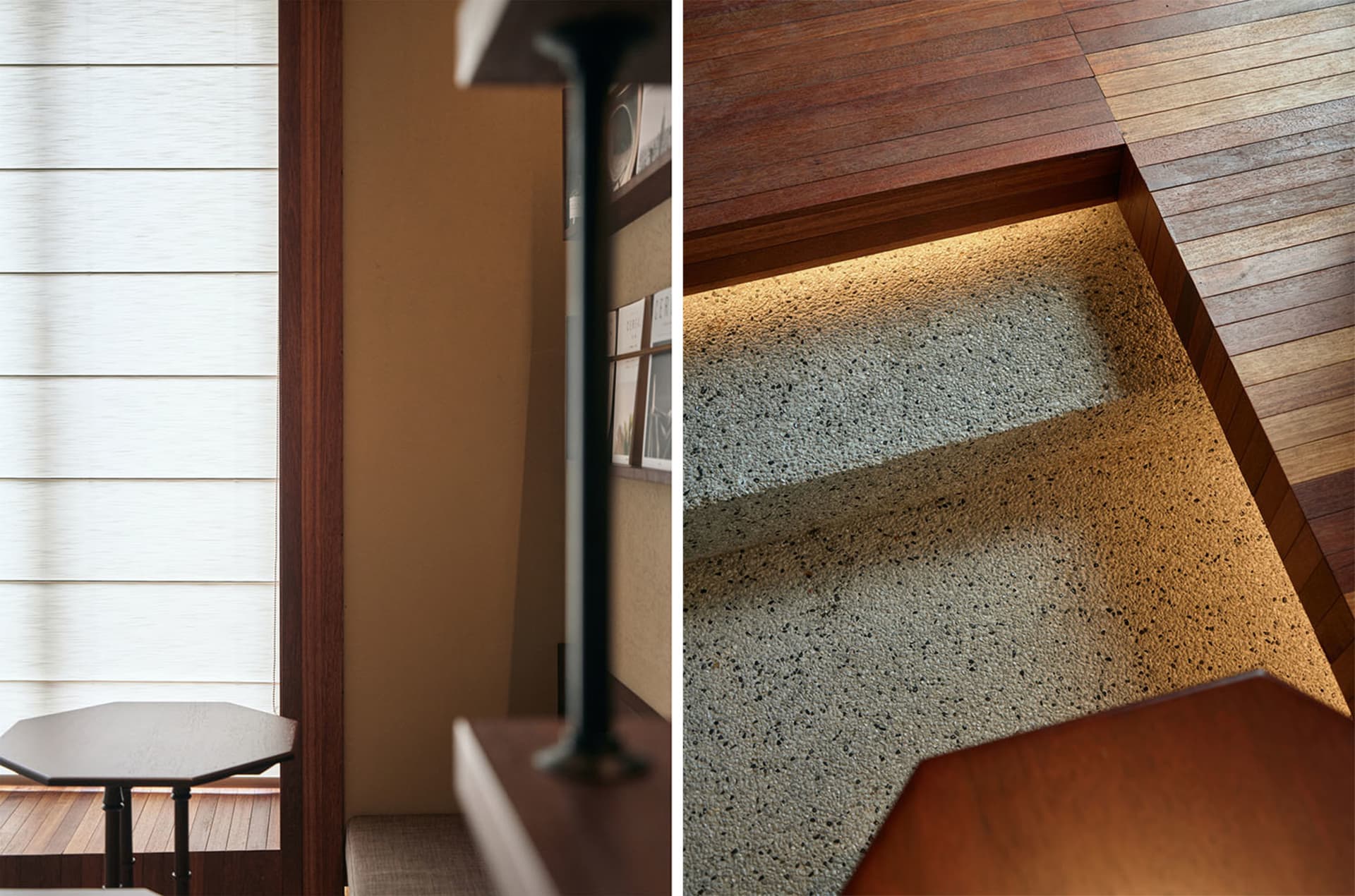 A modern indoor staircase with wooden steps and a carpet runner.