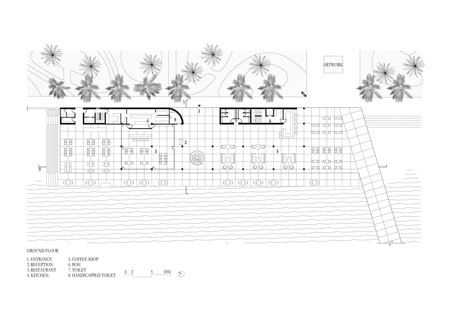黑白建築圖，呈現餐廳一樓的平面配置，顯示各功能區域