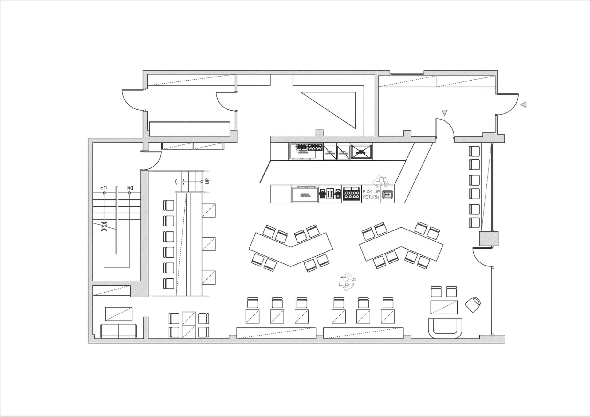 餐廳廚房的詳細2D建築平面圖，展示工作站與儲藏區域。