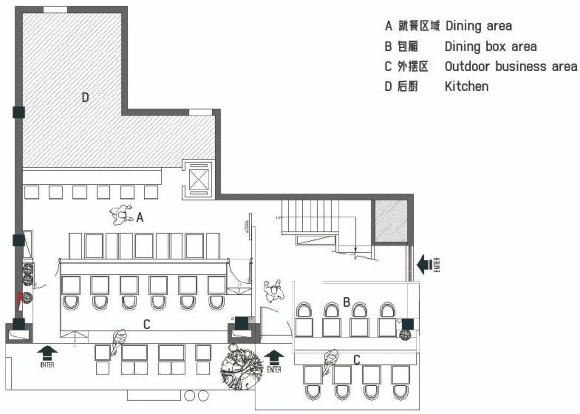 一張詳細的餐廳室內2D建築圖,展示用餐區、廚房及戶外座位區。