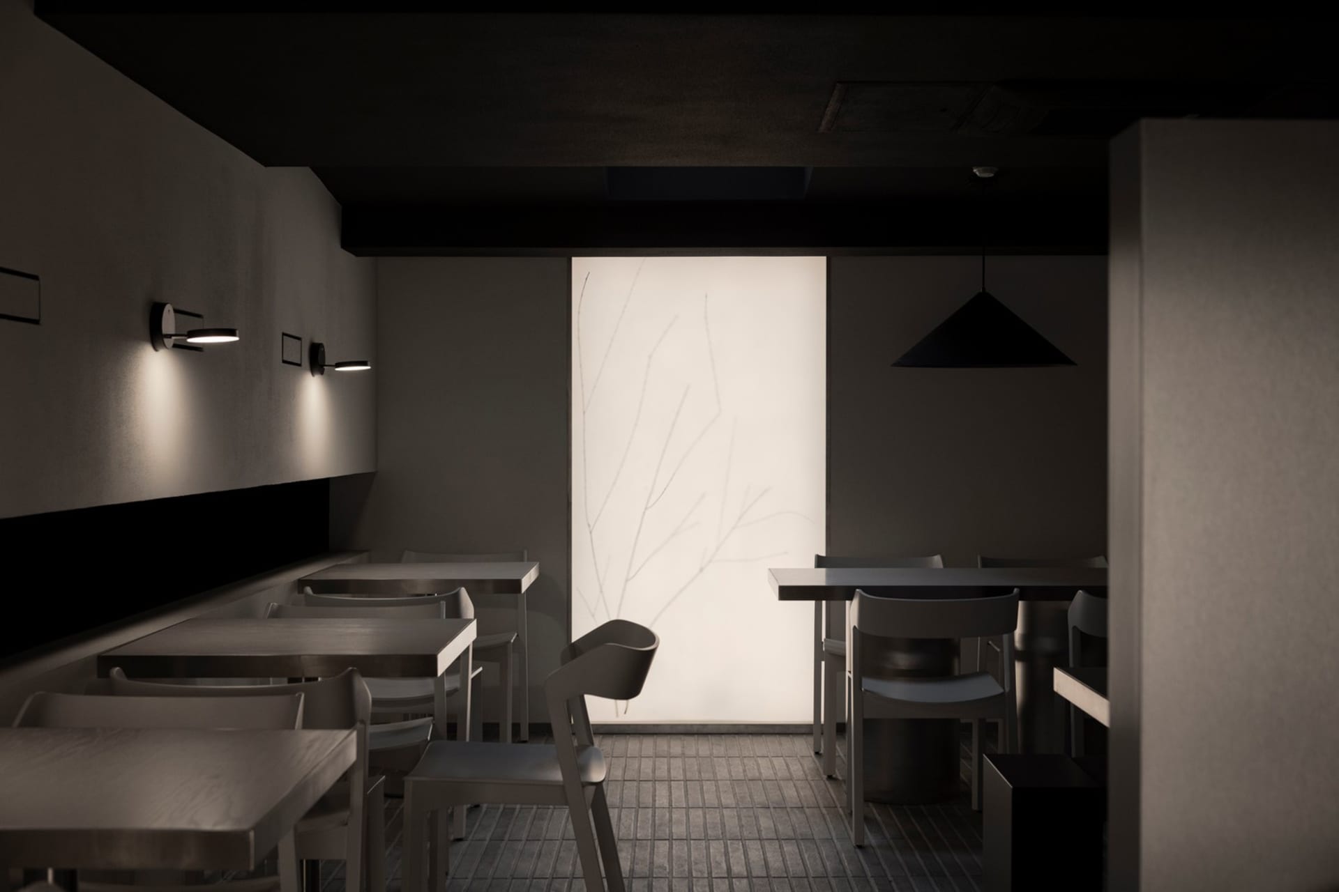 A modern restaurant interior with wooden tables and concrete walls.