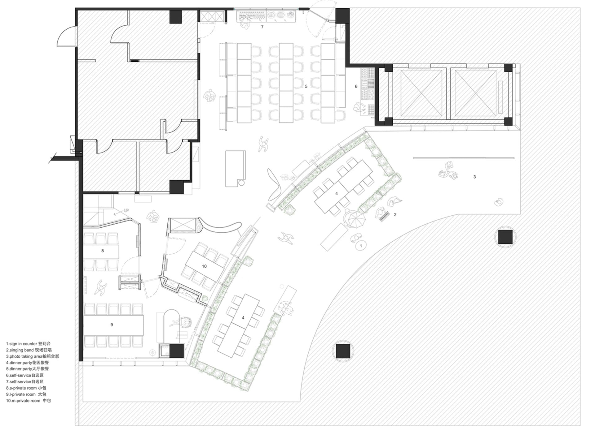 餐廳詳細建築平面圖,展示多種座位安排與功能分區。