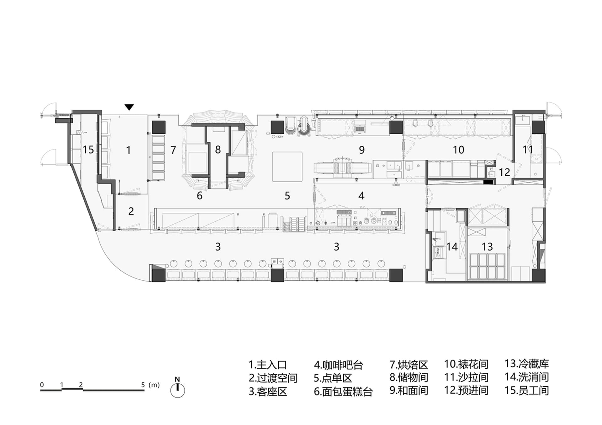 烘焙咖啡廳平面圖,展示各功能區域與設備配置位置。