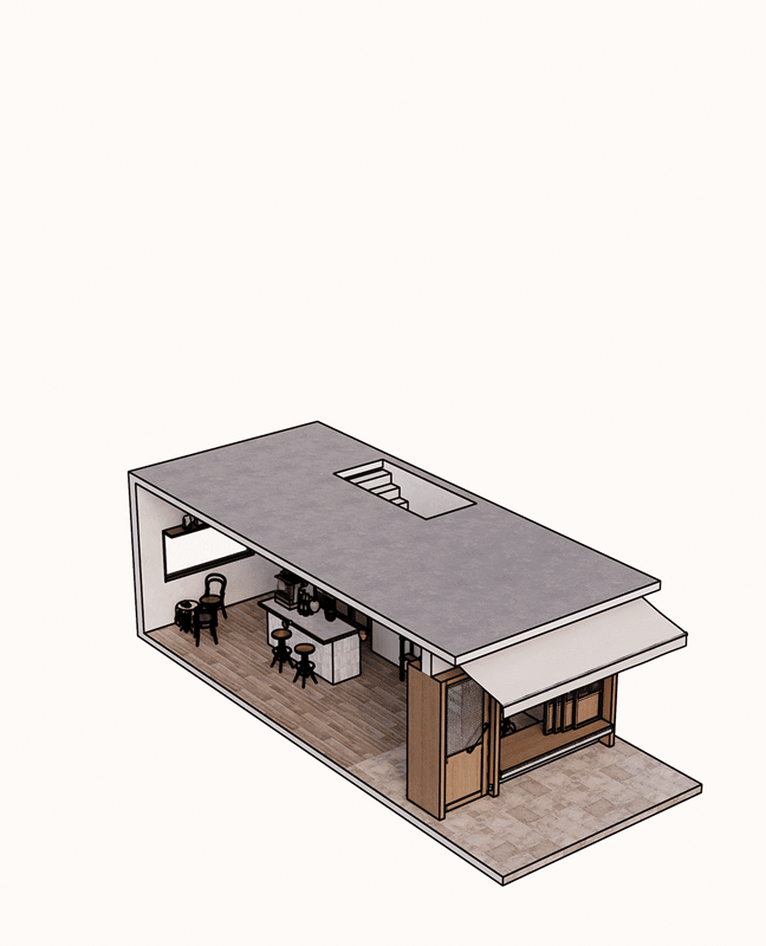 現代咖啡廳的3D透視圖,搭配混凝土地板、木質桌檯與玻璃隔間。