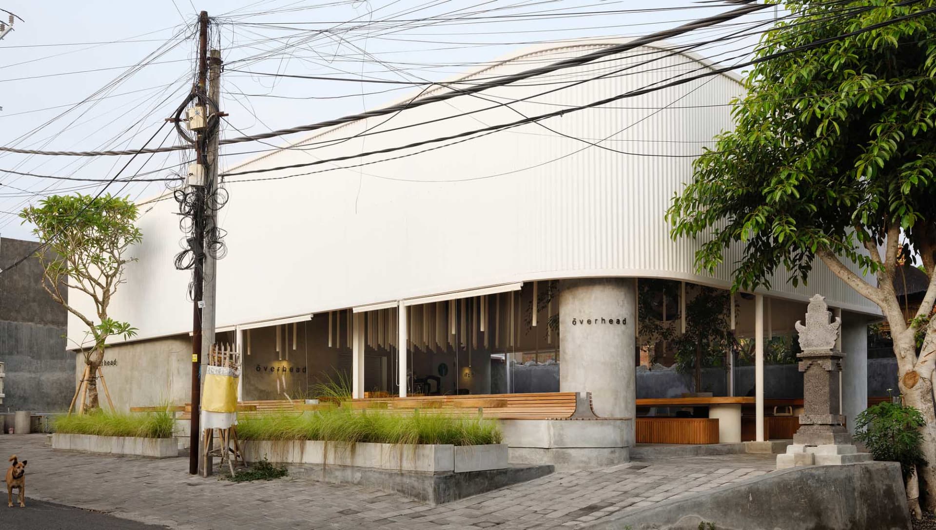 Modern, minimalist cafe exterior with concrete and glass materials, featuring clean lines and a sleek design