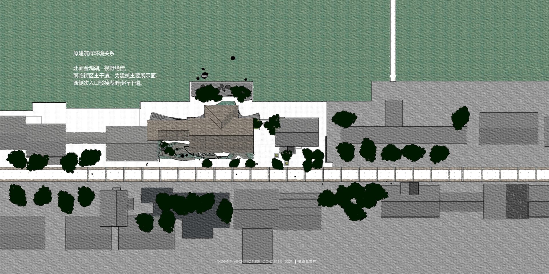 湖畔住宅度假小屋的建築渲染圖,融入自然元素、步道與水景設計。