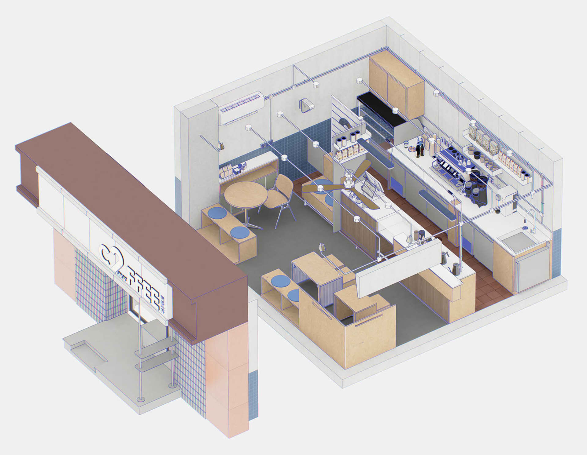 咖啡店平面圖的等角3D渲染圖，呈現木質吧台。