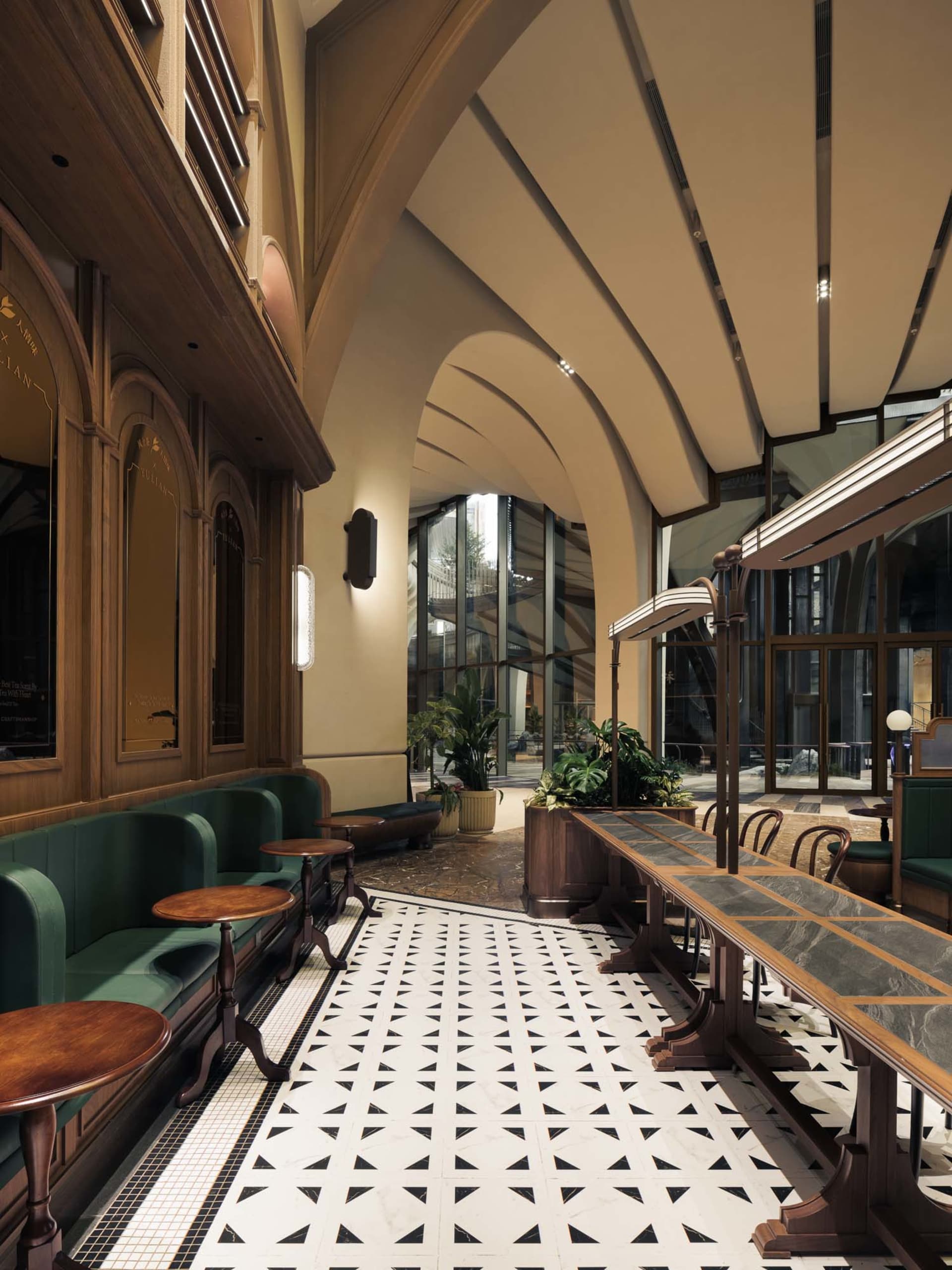 An industrial-style cafe interior featuring marble and concrete materials.