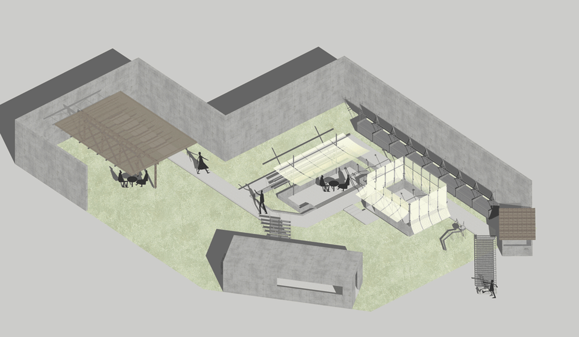 An architectural plan of a modern event space featuring concrete and wood paneling.