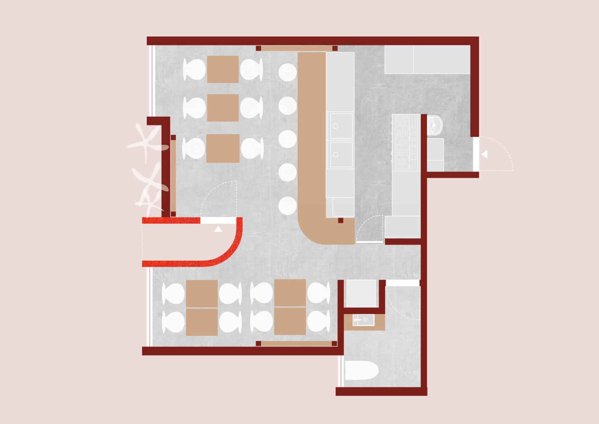 Top view of a restaurant floor plan featuring concrete flooring and seating areas.