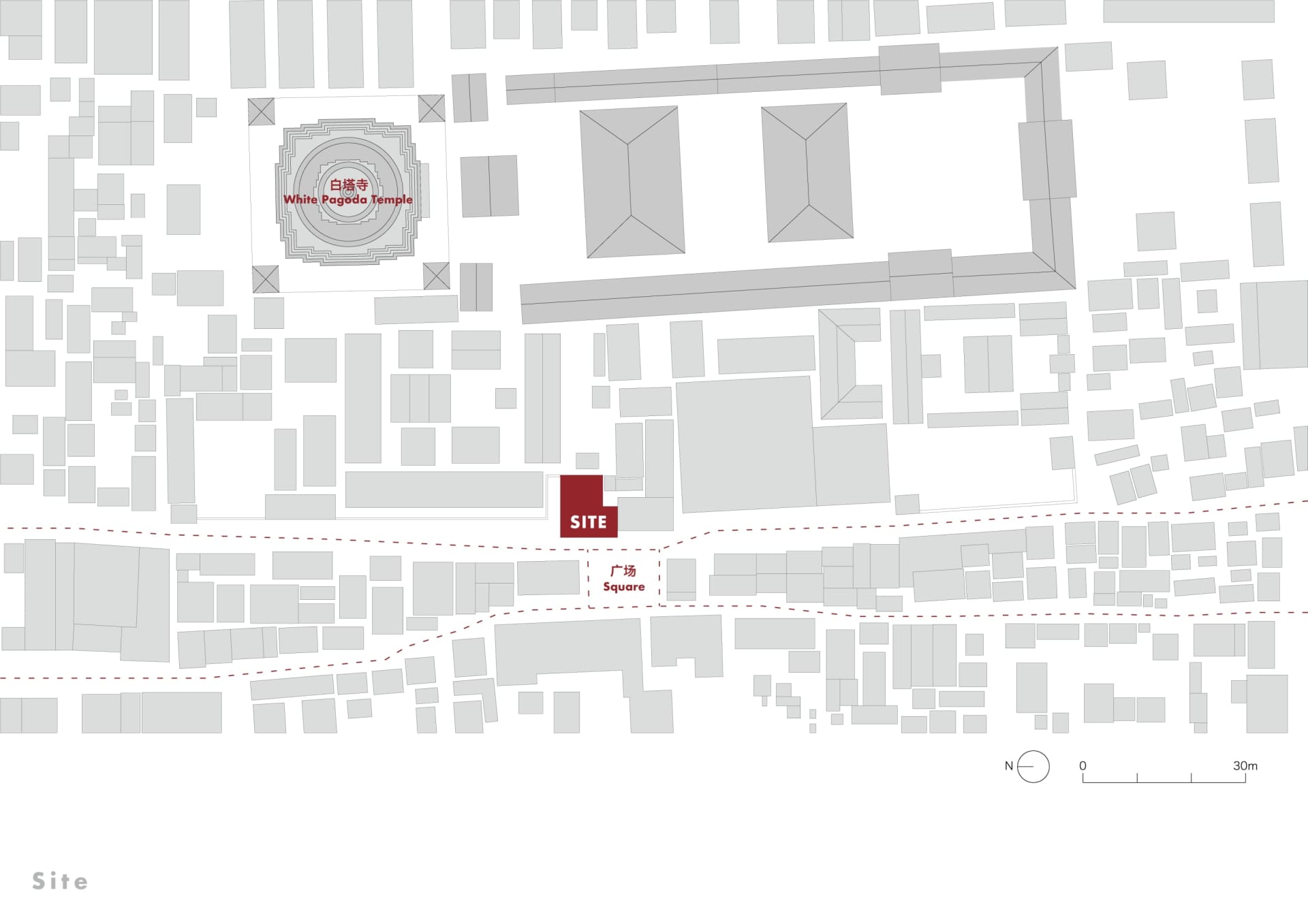 Urban planning diagram showing the layout of a site with a large temple surrounded by various other buildings and streets.