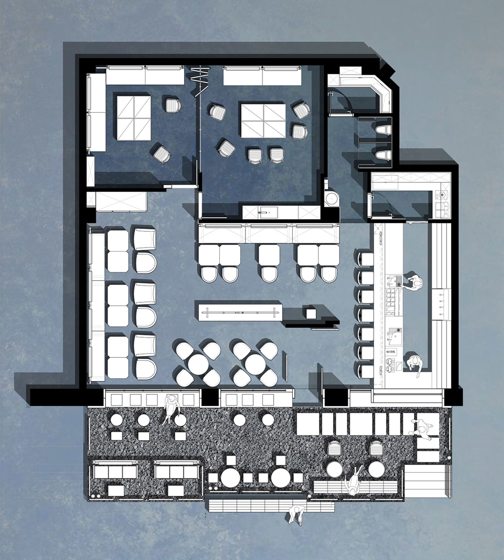A black and white floor plan of an industrial-style restaurant with various seating arrangements.