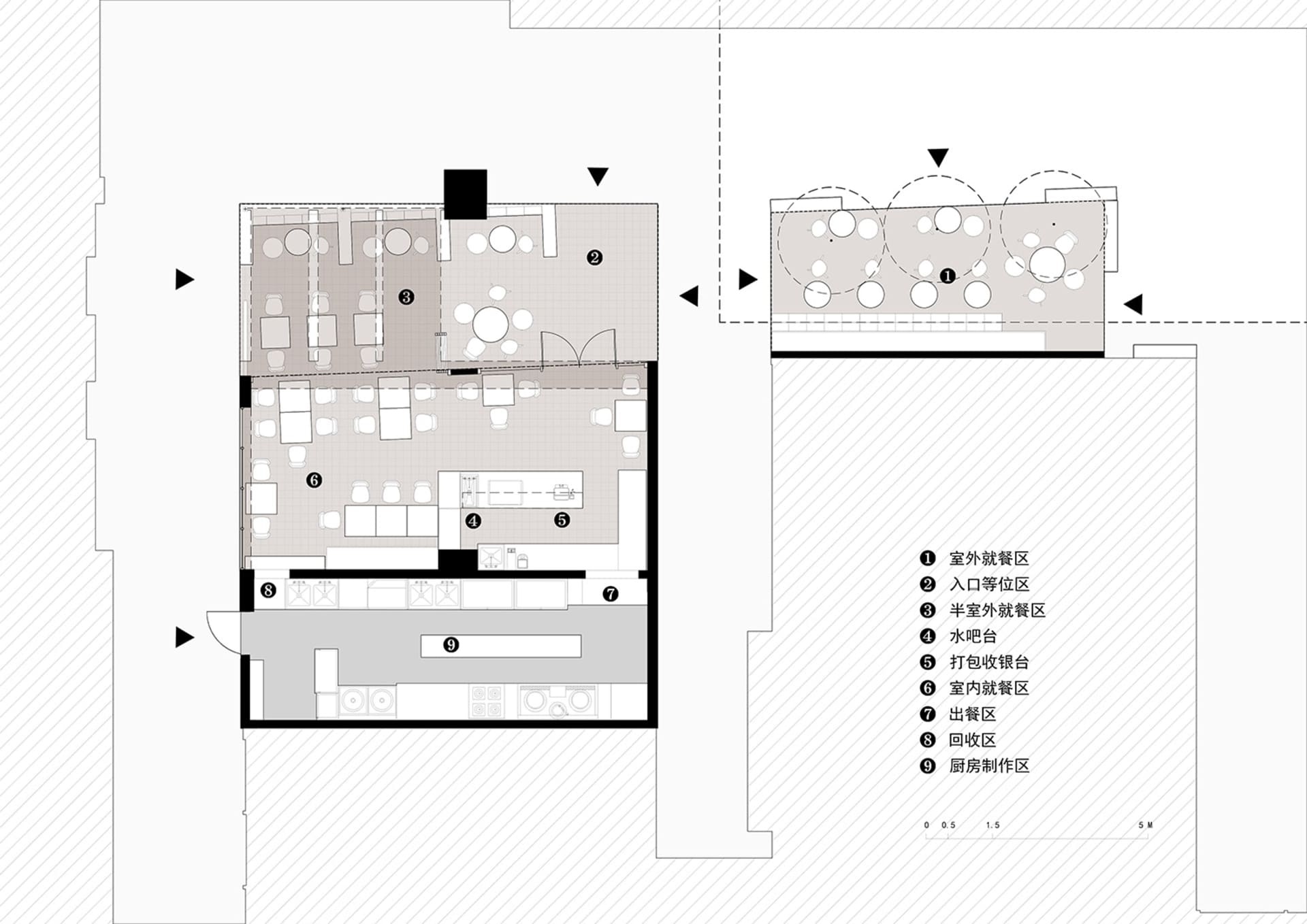 一張詳細的2D建築圖,展示緊湊餐廳室內的各個用餐區域與功能分區