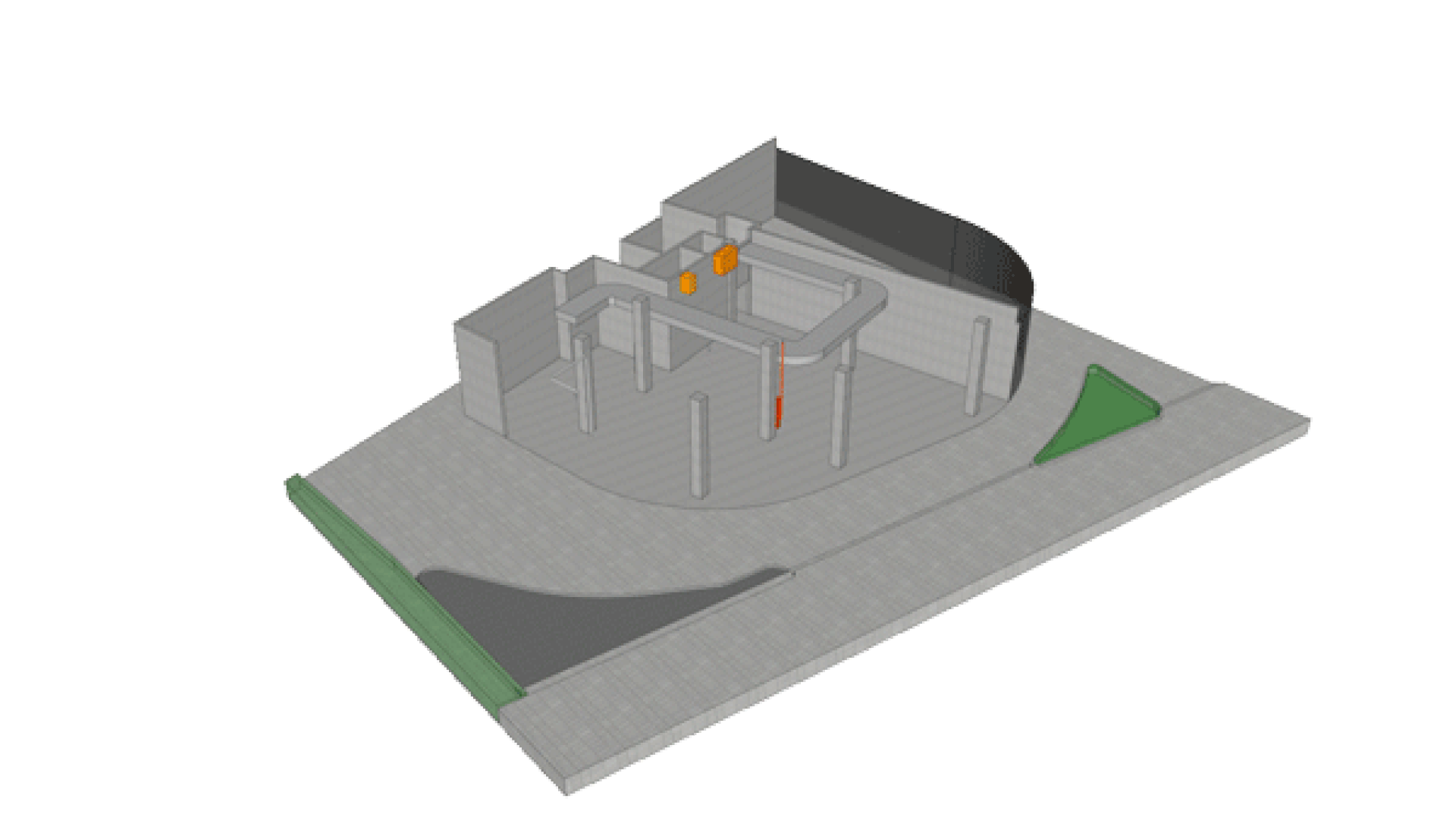 一座現代工業風建築，採用混凝土與金屬建材。