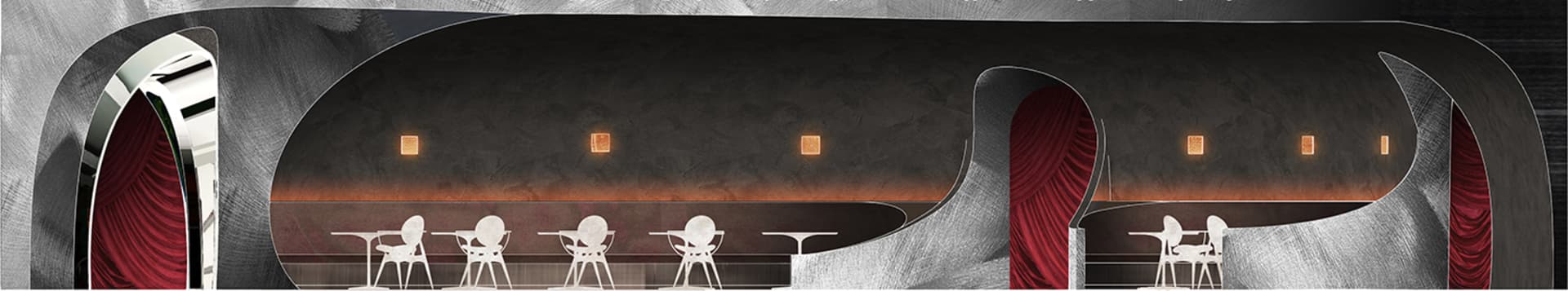 Modern restaurant with metallic textured walls and white chairs